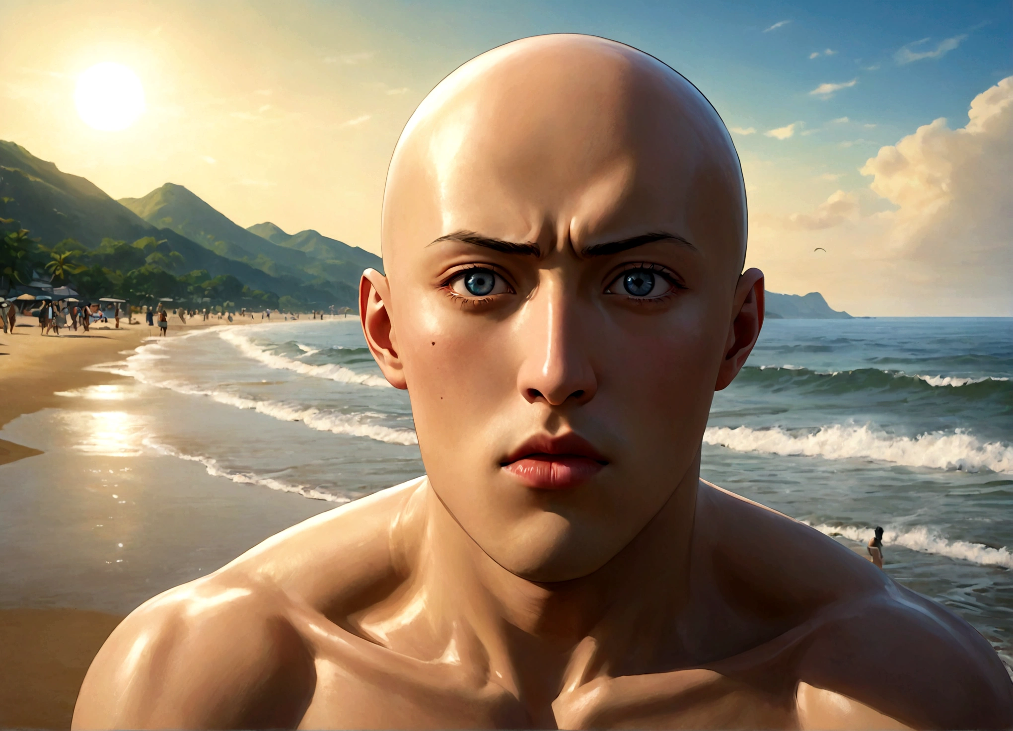 Saitama in casual beach attire, beautiful detailed eyes, beautiful detailed lips, extremely detailed face, longeyelashes, relaxing at the beach, kaiju emerging from the sea, realistic, photorealistic, best quality, 8k, highres, masterpiece, ultra-detailed, vivid colors, cinematic lighting, dramatic atmosphere, concept art style