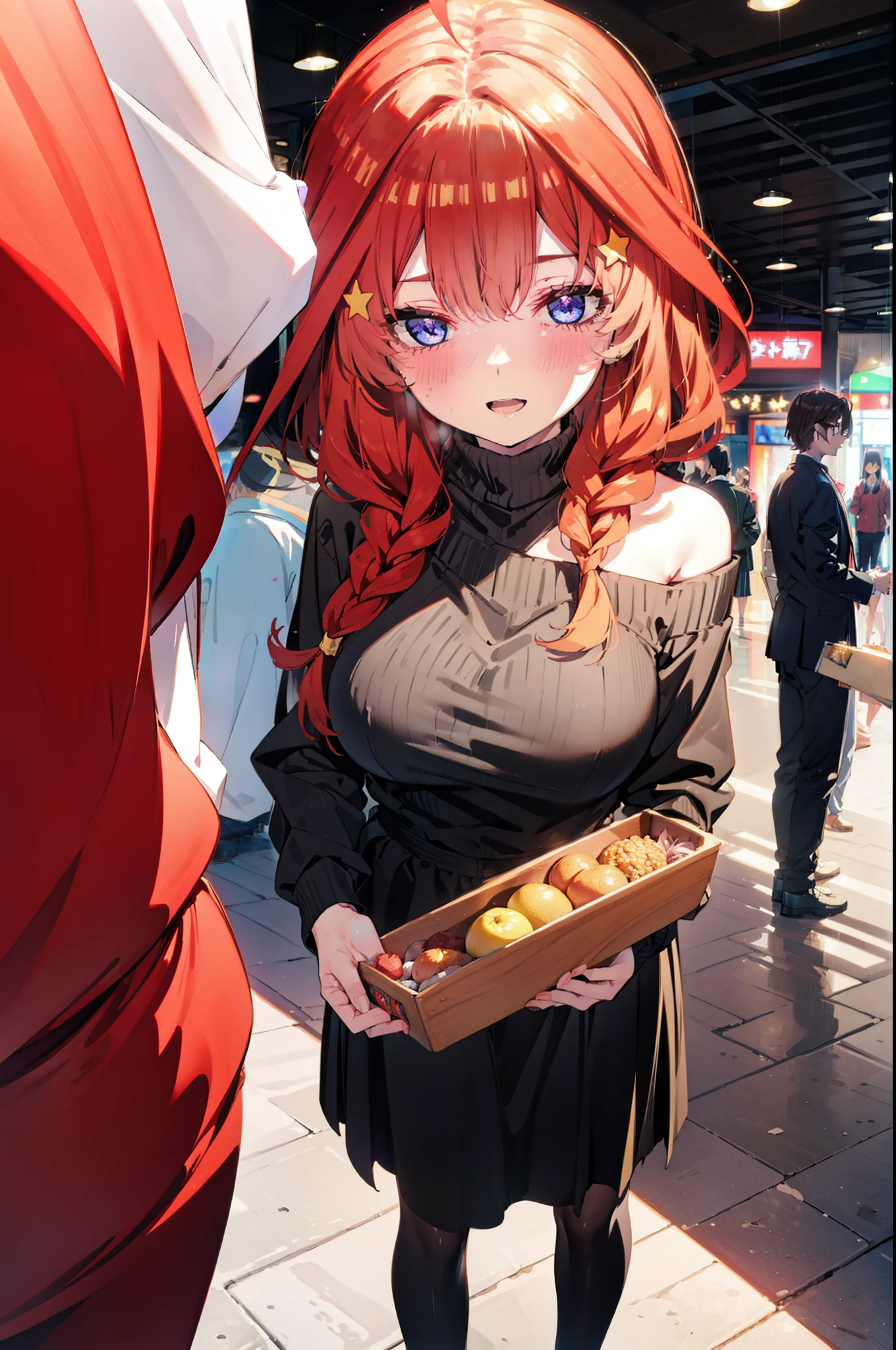 itsukinakano, Itsuki Nakano, bangs, blue eyes, Hair between the eyes, Ahoge, Redhead, star \(symbol\), hair ornaments, star hair ornaments,happy smile, smile, Open your mouth,blush,Akabuchi Glasses,Big Breasts,Long braids,One-shoulder sweater,Long skirt,Black pantyhose,short boots,Daytime,walking,whole bodyがイラストに入るように,crowd, people々々,
break indoors, Shopping mall,
break looking at viewer, whole body,
break (masterpiece:1.2), highest quality, High resolution, unity 8k wallpaper, (figure:0.8), (Beautiful fine details:1.6), Highly detailed face, Perfect lighting, Highly detailed CG, (Perfect hands, Perfect Anatomy),
