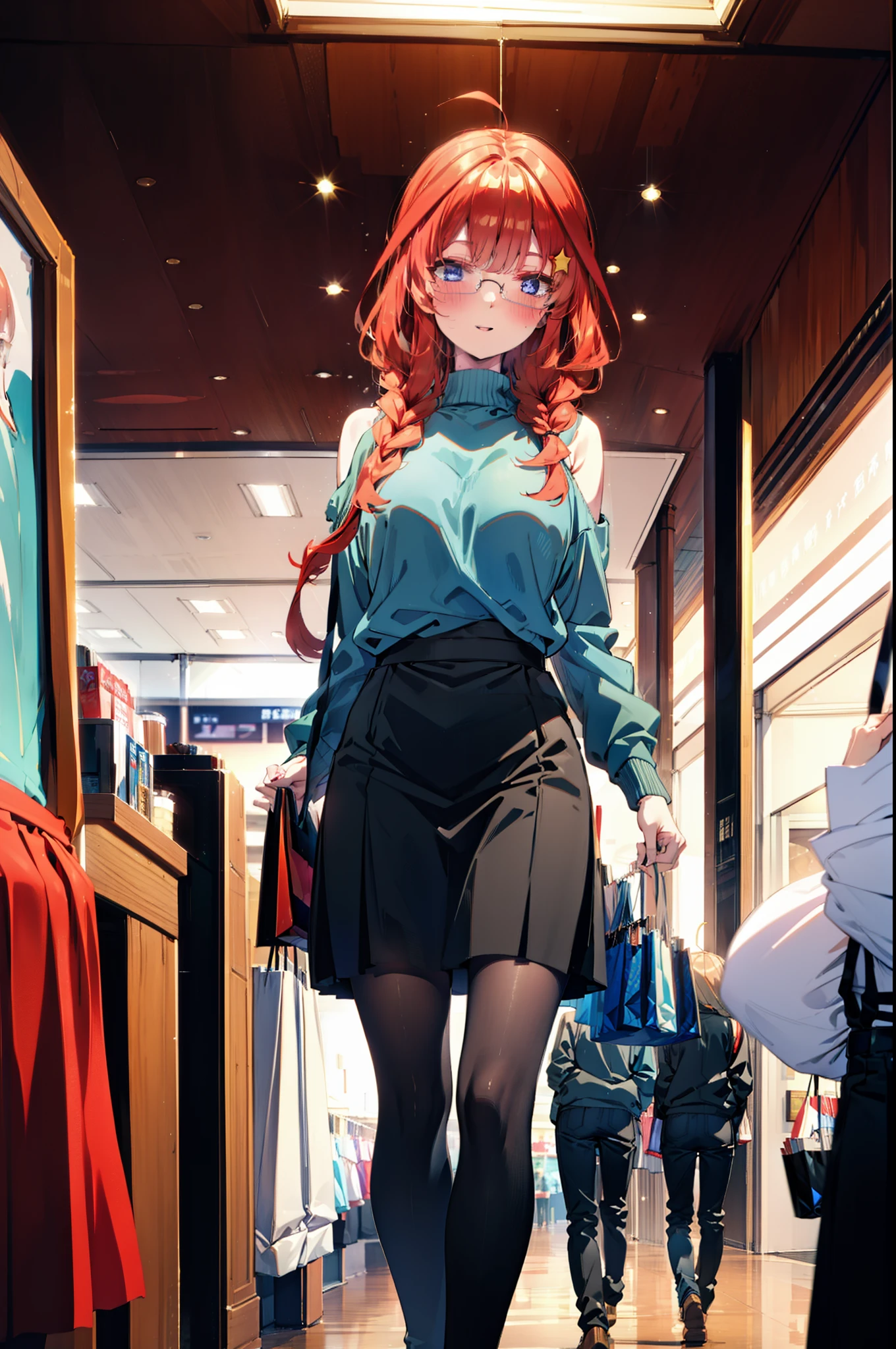 itsukinakano, Itsuki Nakano, bangs, blue eyes, Hair between the eyes, Ahoge, Redhead, star \(symbol\), hair ornaments, star hair ornaments,happy smile, smile, Open your mouth,blush,Akabuchi Glasses,Big Breasts,Long braids,One-shoulder sweater,Long skirt,Black pantyhose,short boots,Daytime,walking,whole bodyがイラストに入るように,crowd, people々々,
break indoors, Shopping mall,
break looking at viewer, whole body,
break (masterpiece:1.2), highest quality, High resolution, unity 8k wallpaper, (figure:0.8), (Beautiful fine details:1.6), Highly detailed face, Perfect lighting, Highly detailed CG, (Perfect hands, Perfect Anatomy),