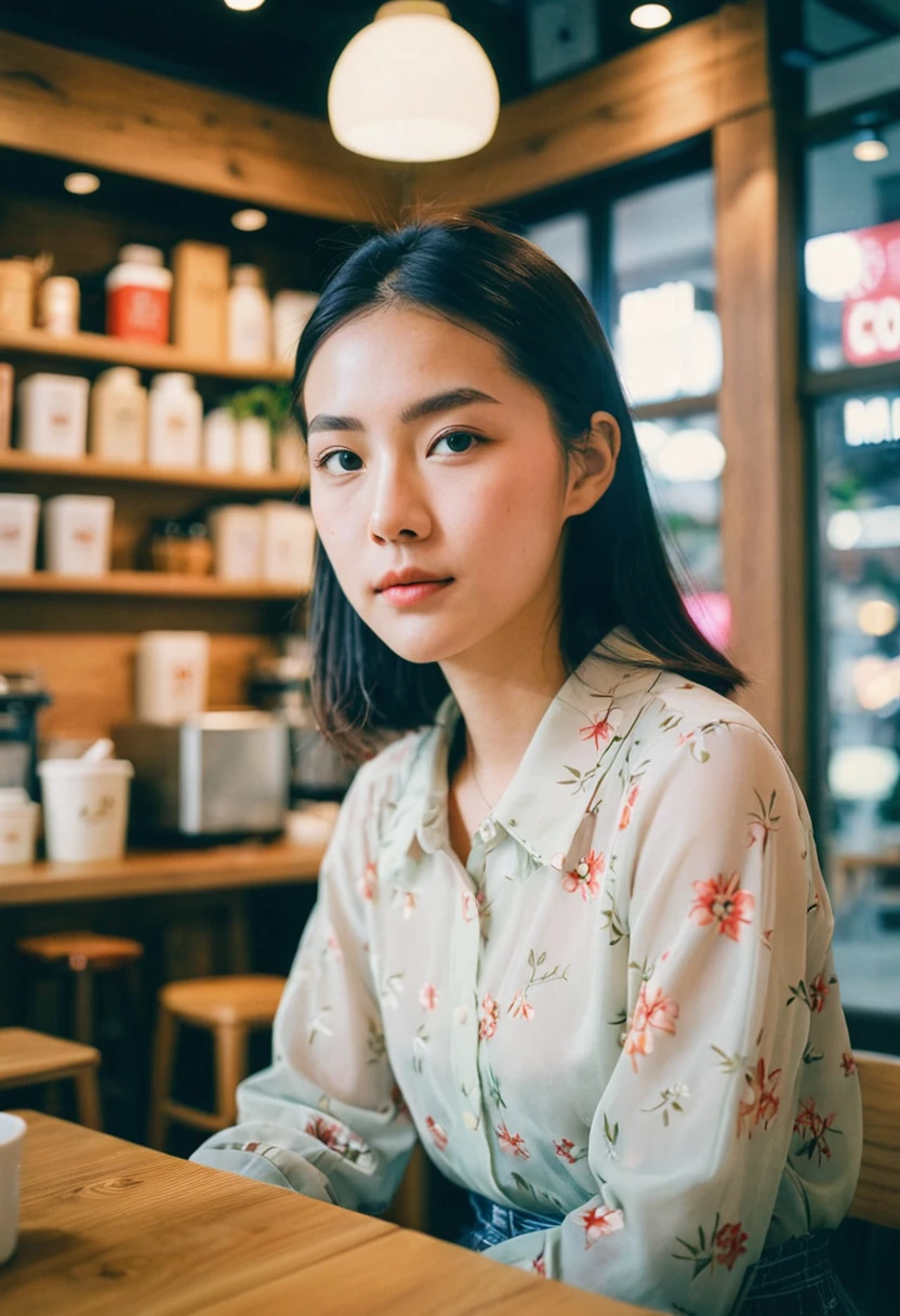 a portrait of MagMix Girl, in muji cafe, double exposure style, analog film photo, Kodachrome.