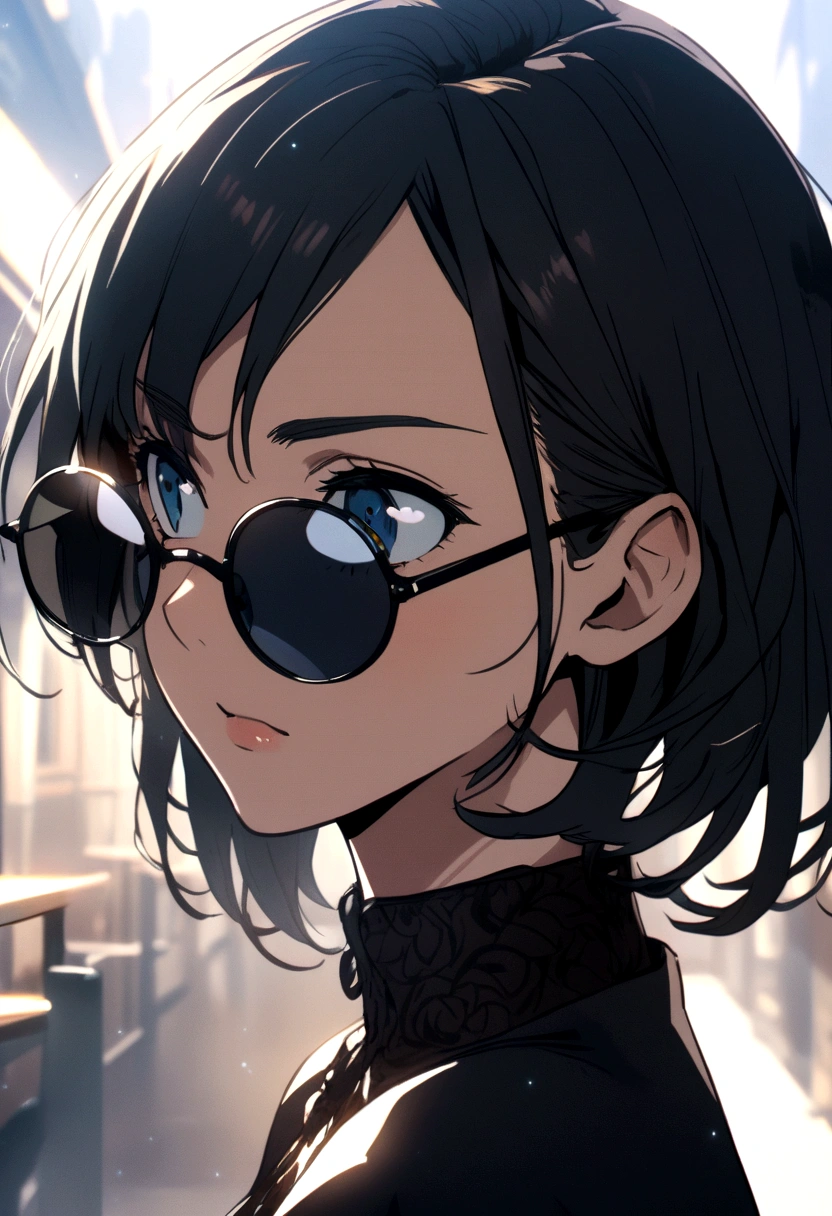 anime girl,black hair, black rounded glasses, 