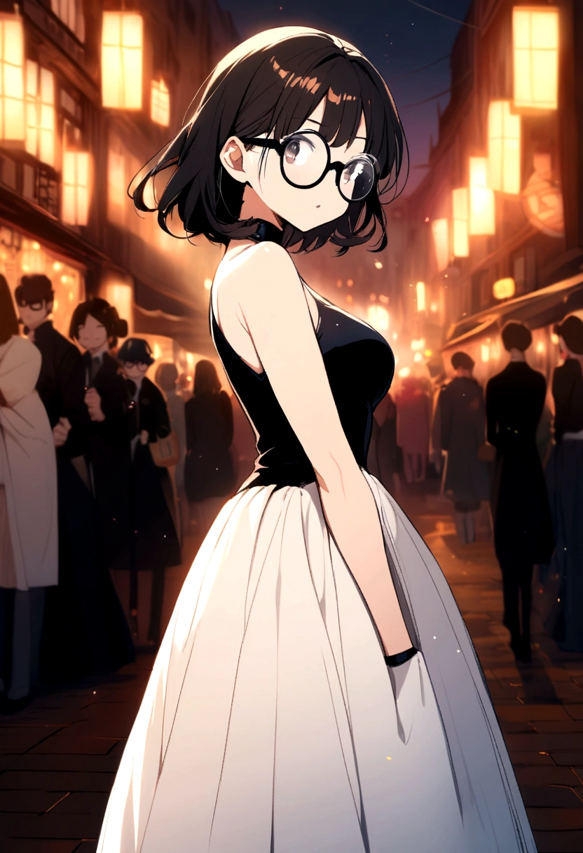 anime girl,black hair, black rounded glasses,