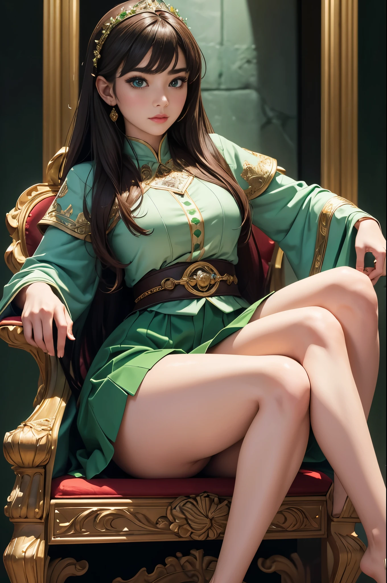 UHD, Retina, masterpiece, precise, Anatomically correct, Textured Skin, Super Detail, High Detail, high quality, The award-winning, best quality, High resolution, 1080P, HD, 4k, 8K, 16K、(((and insert))),best quality、16K high resolution、Super detailed、masterpiece、Live shooting、Practical:1.4、Surrealism:1.4、Clear focus、Very delicate and beautiful、nitty gritty、1 female、(European:1.2)、(Brunette Warrior Girl)、(spread your legs:1.3)、(exhibit:1.3)、(White:1.1)、 (Sitting on the throne: 1.1)、(Super beautiful)、(Pretty Face:1.5)、(Plate)、(Delicate face)、(beautiful eyes)、Perfect round eyes、(Lip detail)、lipstick、、(Green skirt: 1.3)、 medieval fantasy, Dungeons & Dragons, role playing game, At San Francisco Fashion Week