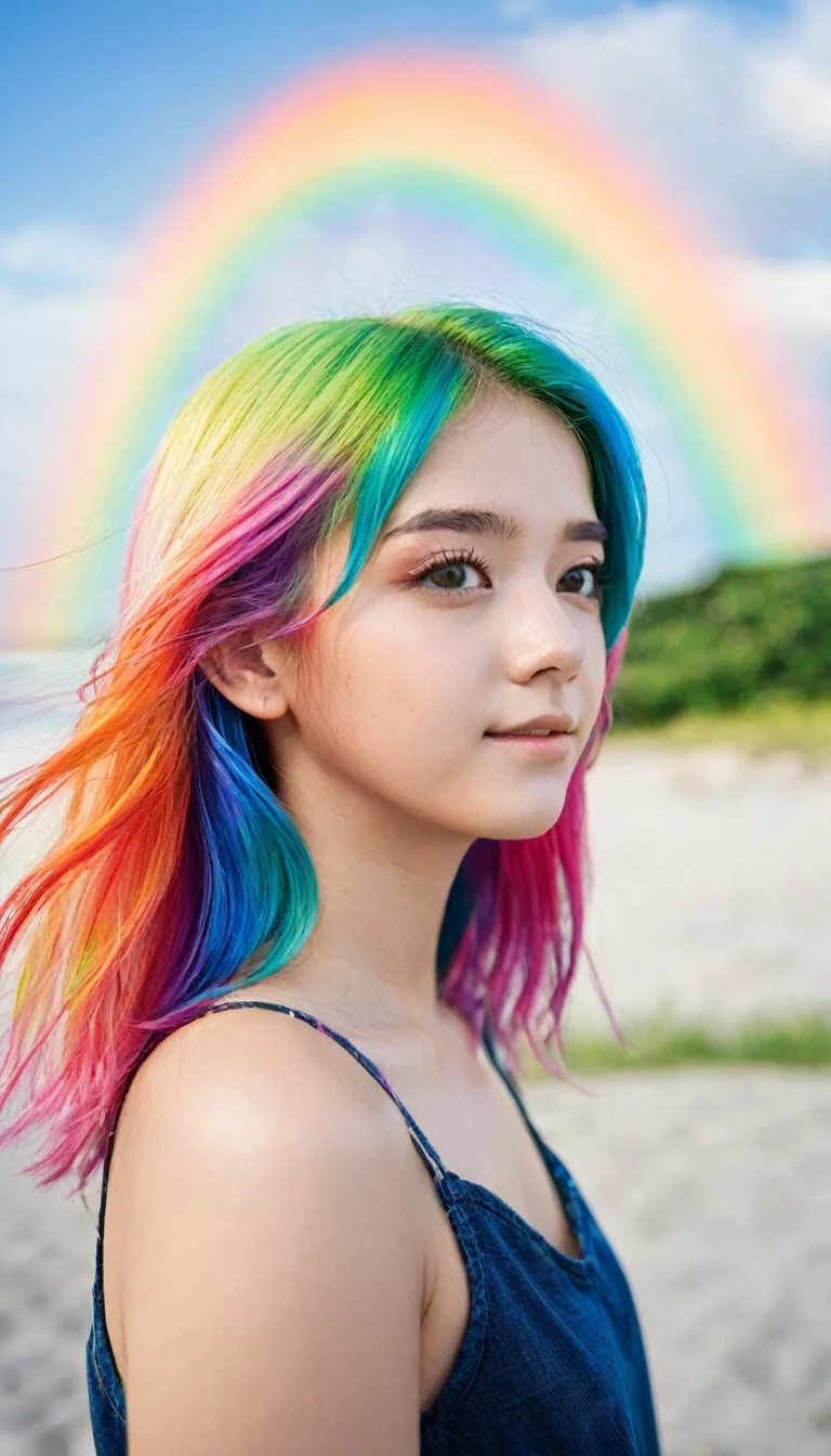 The brightness of a sunny summer day々Under the clear sky、A stunning portrait of a -yeld giwith rainbow-colored hair that's a mix of blue and pink.、The breathtaking views unfold。Half blue and half pink々in、A girl with colorful, flowing hair、魅惑的な笑顔in立っています。Long curls cascading down in golden waves、Frames vibrant sky blue eyes。Red and black repair dress 1.Wearing a voluminous 2-meter skirt、優雅さin観客を魅了します。ドレスはあちこちin破れており、It is becoming clear