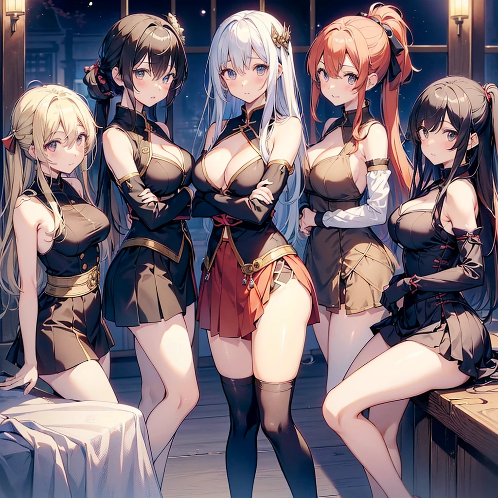((((Haremの4人のキャラクターが笑顔で描かれました))))、A group of female adventurers set in a medieval fantasy world,Dragon Quest、 (At the pub), Various Hair Styles, (Harem), night, detailed aspects, Clothes on white, Remove the front hook, V-neck clothing, (Clothes that expose a lot of breasts), (Clothes that expose a lot of skin), Micro Mini Skirt, Seduce, Sleeveless、Showing invisible panties、Large Breasts、A little bigger ass、Waist、Pulling up her short skirt