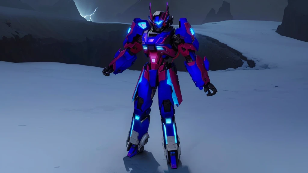 a blue colored female transformer with purple inserts, symmetrically arranged purple parts, on the back - hellicopter wings, arms from elbows to hands look like the front part of a helicopter, on the legs from knees to the ankle there are helicopter's repulsors and small heicopter's tail wings, no helmet, light blue eyes, two legs, two arms, not a suit, on a background there is an snowy dark blue metal desert, no buildings, no structures, dark blue storm clouds, light blue lightning from the clouds, blue river, river to the horizon, electrified river, light blue lightning from the river, space sky, stars in the sky, composition on the metal planet, big metalic planet, dark-blue metal, shiny metal, cybertron, mechanical planet, empty wasteland, dark blue storm clouds, light blue lightning from clouds, blue river, river to horizon, electrized river, light blue lightning from river, space sky, stars on the sky, realistic, watercolor, 4k, high quality, hight attention to details, concept art, concept art by Chris Mowry.