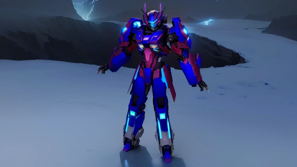 a blue colored female transformer with purple inserts, symmetrically arranged purple parts, on the back - hellicopter wings, arms from elbows to hands look like the front part of a helicopter, on the legs from knees to the ankle there are helicopter's repulsors and small heicopter's tail wings, no helmet, light blue eyes, two legs, two arms, not a suit, on a background there is an snowy dark blue metal desert, no buildings, no structures, dark blue storm clouds, light blue lightning from the clouds, blue river, river to the horizon, electrified river, light blue lightning from the river, space sky, stars in the sky, composition on the metal planet, big metalic planet, dark-blue metal, shiny metal, cybertron, mechanical planet, empty wasteland, dark blue storm clouds, light blue lightning from clouds, blue river, river to horizon, electrized river, light blue lightning from river, space sky, stars on the sky, realistic, watercolor, 4k, high quality, hight attention to details, concept art, concept art by Chris Mowry.