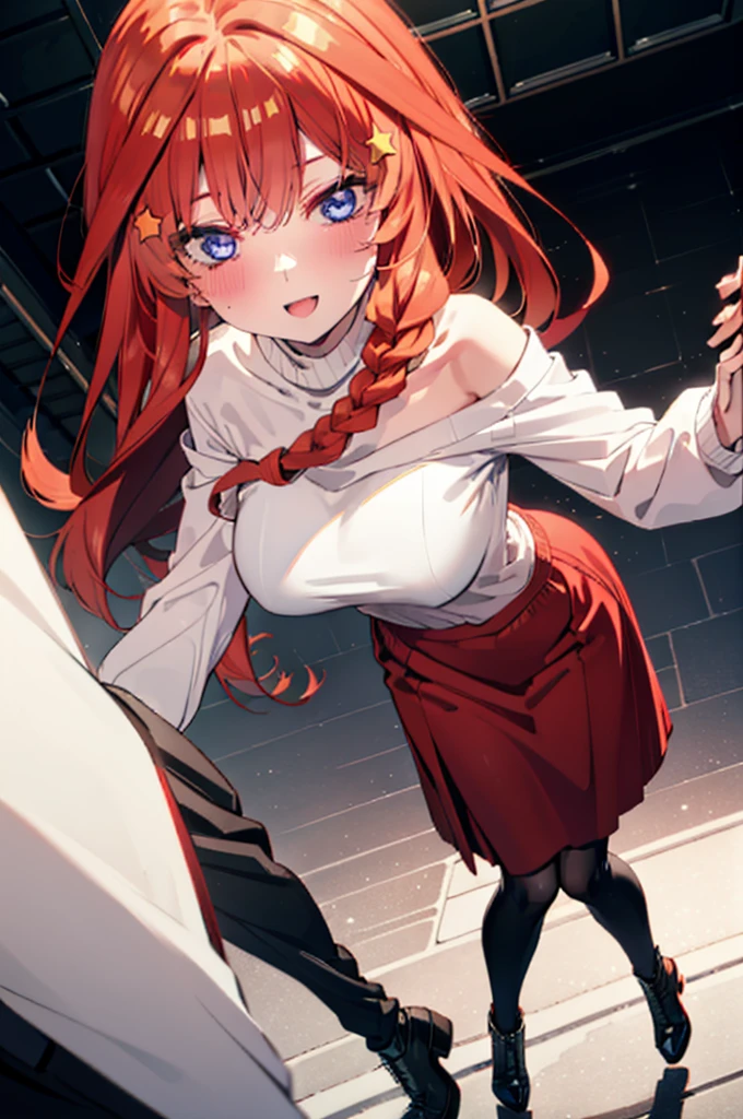 itsukinakano, Itsuki Nakano, bangs, blue eyes, Hair between the eyes, Ahoge, Redhead, star \(symbol\), hair ornaments, star hair ornaments,happy smile, smile, Open your mouth,blush,Akabuchi Glasses,Big Breasts,Long braids,One-shoulder sweater,Long skirt,Black pantyhose,short boots,Daytime,walking,whole bodyがイラストに入るように,crowd, people々々,
break indoors, Shopping mall,
break looking at viewer, whole body,
break (masterpiece:1.2), highest quality, High resolution, unity 8k wallpaper, (figure:0.8), (Beautiful fine details:1.6), Highly detailed face, Perfect lighting, Highly detailed CG, (Perfect hands, Perfect Anatomy),