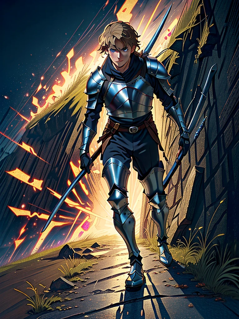 1man, (male), (medieval rogue:1.6), rouge, (armor plates on torso:1.2), no armor on hands, medieval clothes, (full body:1.5), ((glowy blue eyes)), ((dark blonde hair)), (masterpiece, ccurate, anatomically correct, textured skin, super detail, high details, high quality, best quality, highres, 4K), character design, (UHD, 8K, award winning, high quality, masterpiece, ccurate), (((cinematic light))), ((medieval theme)), ((do not go beyond the edges of the image:1.8)), (((detailed background))), (((rating:safe)))
