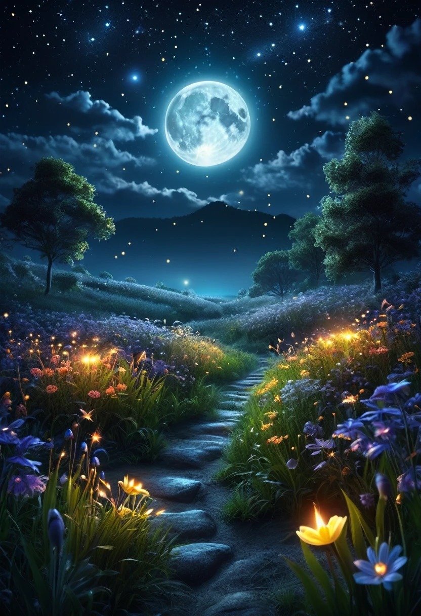 Prompt: landscape, moonlight, night time, stars, fireflies, flowers. night time, magical, fantasy, mythical, 4k, 8k, extremely clear, masterpiece, field of depth, hdr, detailed, hyper quality, vibrant, sharp focus, good composition, vivid, bright colors, high contrast,