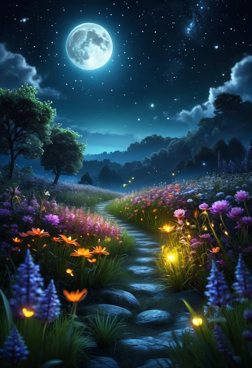 Prompt: landscape, moonlight, night time, stars, fireflies, flowers. night time, magical, fantasy, mythical, 4k, 8k, extremely clear, masterpiece, field of depth, hdr, detailed, hyper quality, vibrant, sharp focus, good composition, vivid, bright colors, high contrast,