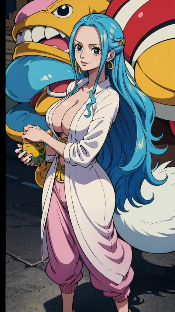 Crie uma imagem full body em estilo anime de Nefertari Vivi do anime One Piece. Ela possui cabelos longos e azuis com franja estilo Hime, olhos azuis, e um sorriso encantador. She is wearing a white leather jacket over a white loose-fitting shirt and sweatpants.. (corpo bonito:1.3) Vivi has bright red lips and a perfect anime face, com detalhes realistas e ultra detalhados. O fundo deve ser uma cidade, destacando-a como a melhor garota de anime (rosto bonito:1.3)