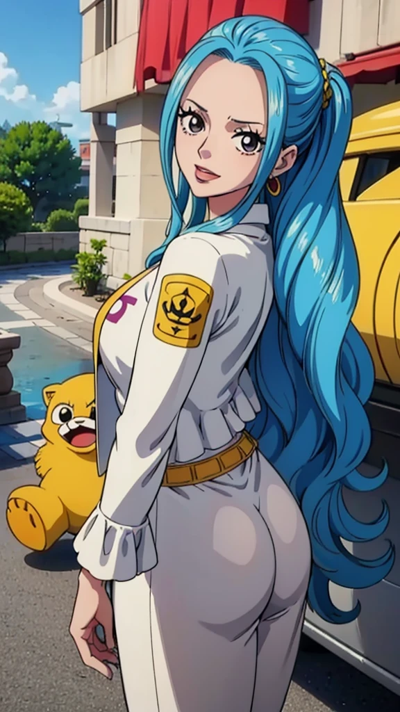 Crie uma imagem full body em estilo anime de Nefertari Vivi do anime One Piece. Ela possui cabelos longos e azuis com franja estilo Hime, olhos azuis, e um sorriso encantador. She is wearing a white leather jacket over a white loose-fitting shirt and sweatpants.. (corpo bonito:1.3) Vivi has bright red lips and a perfect anime face, com detalhes realistas e ultra detalhados. O fundo deve ser uma cidade, destacando-a como a melhor garota de anime (rosto bonito:1.3)