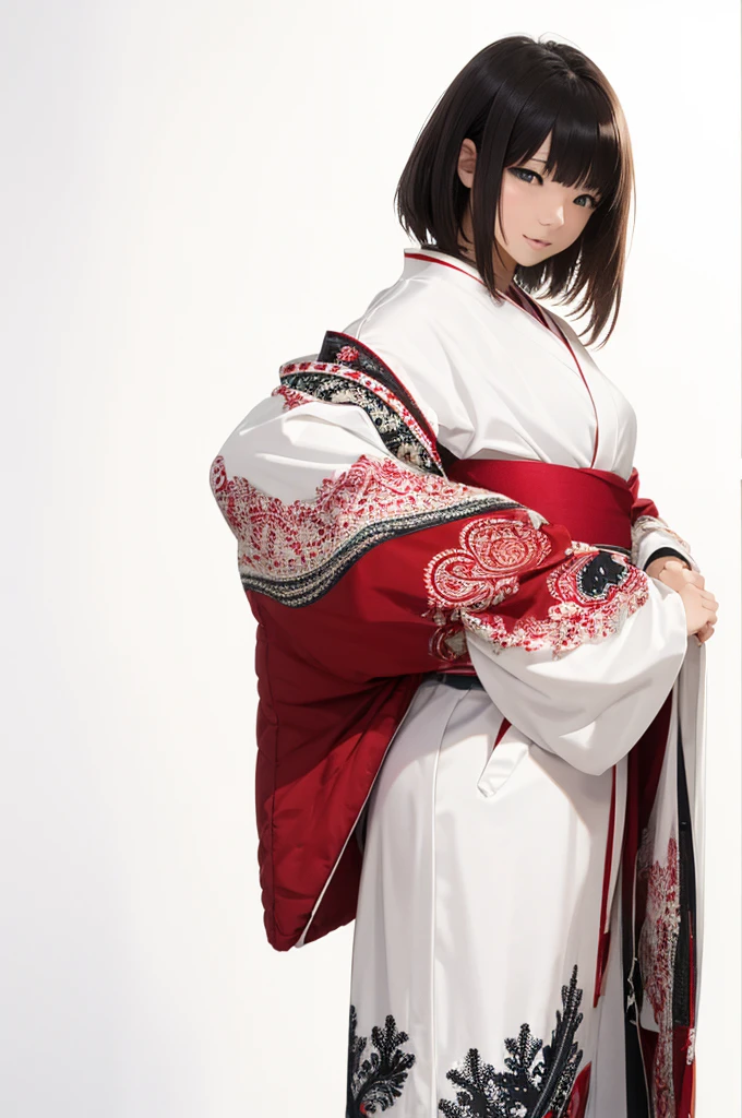 (((White Background、White world)))、、unity 8k wallpaper、Very detailed、beautifully、beautiful、masterpiece、highest quality、(Zentangle、Mandala、Tangle、Tangle)、(Fractal Art:1.3)、One Girl、Beautiful black hair、Japanese、Big pink、red kimono、Japanese clothing、Very detailed、Dynamic Angle、Cowboy Shot、Chaos in its most beautiful form、elegant、Brutalist Design、Vibrant colors、Romance、atmosphere、Ecstasy Note、Streaming notes are displayed、(((White Background、Pure white background、Red circle)))