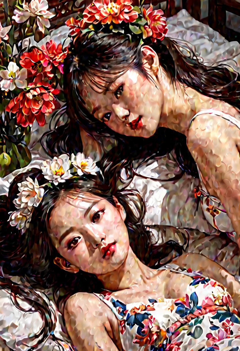 Two women in lingerie lying on the bed with flowers, Inspiration from Yan Juncheng, Yanjun Chengt, painting, Inspiration from Wang Khu, Inspiration from Chen Yifei, Roberto Ferry and Ruean Jia, The girls are resting., Two models in the frame, Two girls, Inspiration from Feng Huazhong, Inspiration from Zhang Xuan, By Dai Xi Close-up of a woman with a flower crown on her head., Asian features, Jinyoung Shin, Inspiration from Yan Juncheng, traditional art, Korean artist, Gorgeous Chinese model, Yanjun Chengt, fan art, By Ni Thian, beautiful south korean women, official artwork, By Woobin, Wen Fei Ye, Popular Korean cosmetics, Asian girl is definitely an abstract retro art print., sexy, A girl with beautiful legs wears a sailor&#39;s hat., bikini, A painting of a woman wife ((golden ratio}} Lying on the sofa after a night on the town., a painting, a Beautiful expressive painting, malcolm liepke painting, glossy painting, beautiful digital painting, digital art painting, Fine paintings, one color. malcolm liepke oil painting, impressionist painting.Spread your legs apart., Beautiful and delicate face, Beautiful skin