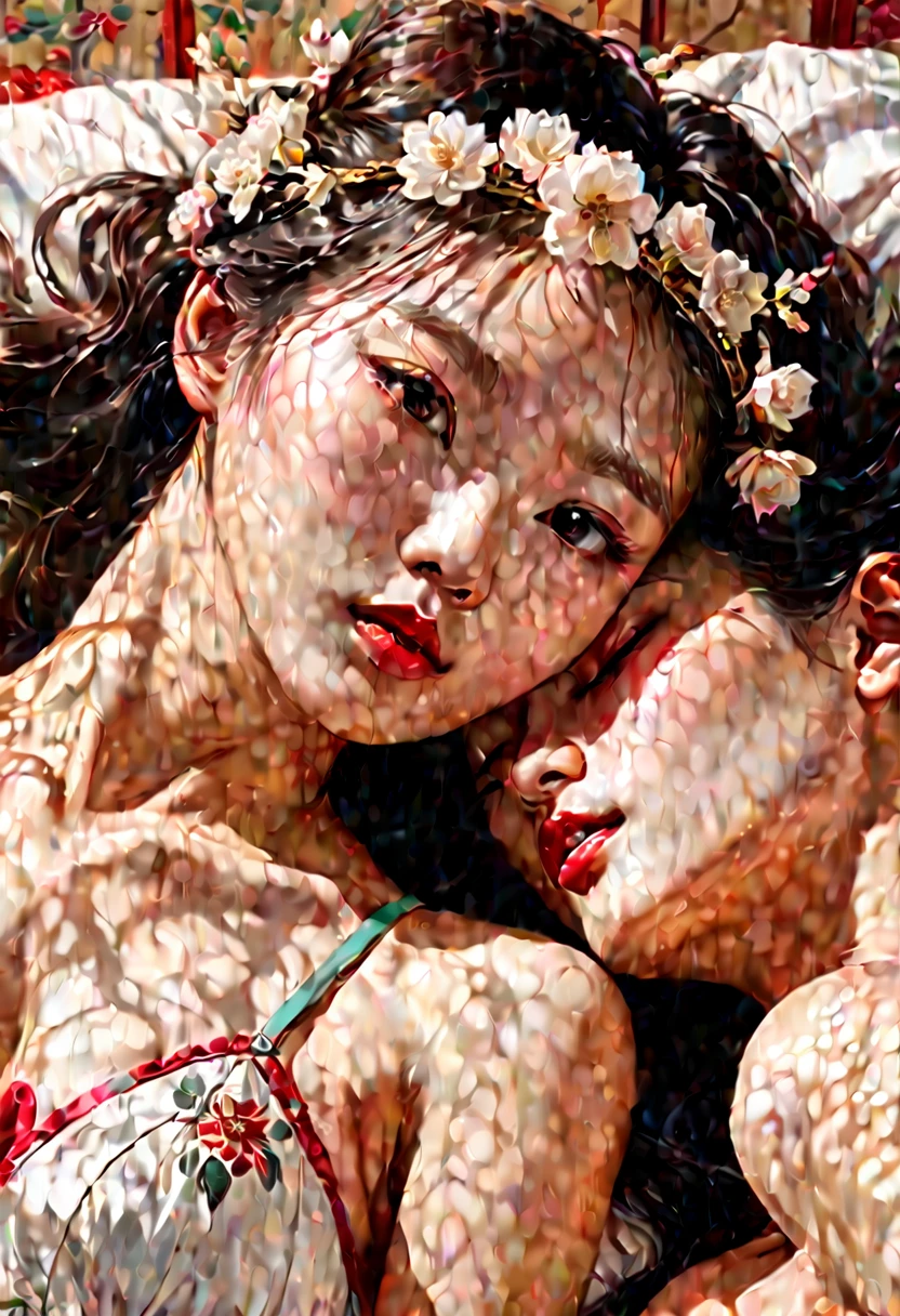 Two women in lingerie lying on the bed with flowers, Inspiration from Yan Juncheng, Yanjun Chengt, painting, Inspiration from Wang Khu, Inspiration from Chen Yifei, Roberto Ferry and Ruean Jia, The girls are resting., Two models in the frame, Two girls, Inspiration from Feng Huazhong, Inspiration from Zhang Xuan, By Dai Xi Close-up of a woman with a flower crown on her head., Asian features, Jinyoung Shin, Inspiration from Yan Juncheng, traditional art, Korean artist, Gorgeous Chinese model, Yanjun Chengt, fan art, By Ni Thian, beautiful south korean women, official artwork, By Woobin, Wen Fei Ye, Popular Korean cosmetics, Asian girl is definitely an abstract retro art print., sexy, A girl with beautiful legs wears a sailor's hat., bikini, A painting of a woman wife ((golden ratio}} Lying on the sofa after a night on the town., a painting, a Beautiful expressive painting, malcolm liepke painting, glossy painting, beautiful digital painting, digital art painting, Fine paintings, one color. malcolm liepke oil painting, impressionist painting.Spread your legs apart., Beautiful and delicate face, Beautiful skin