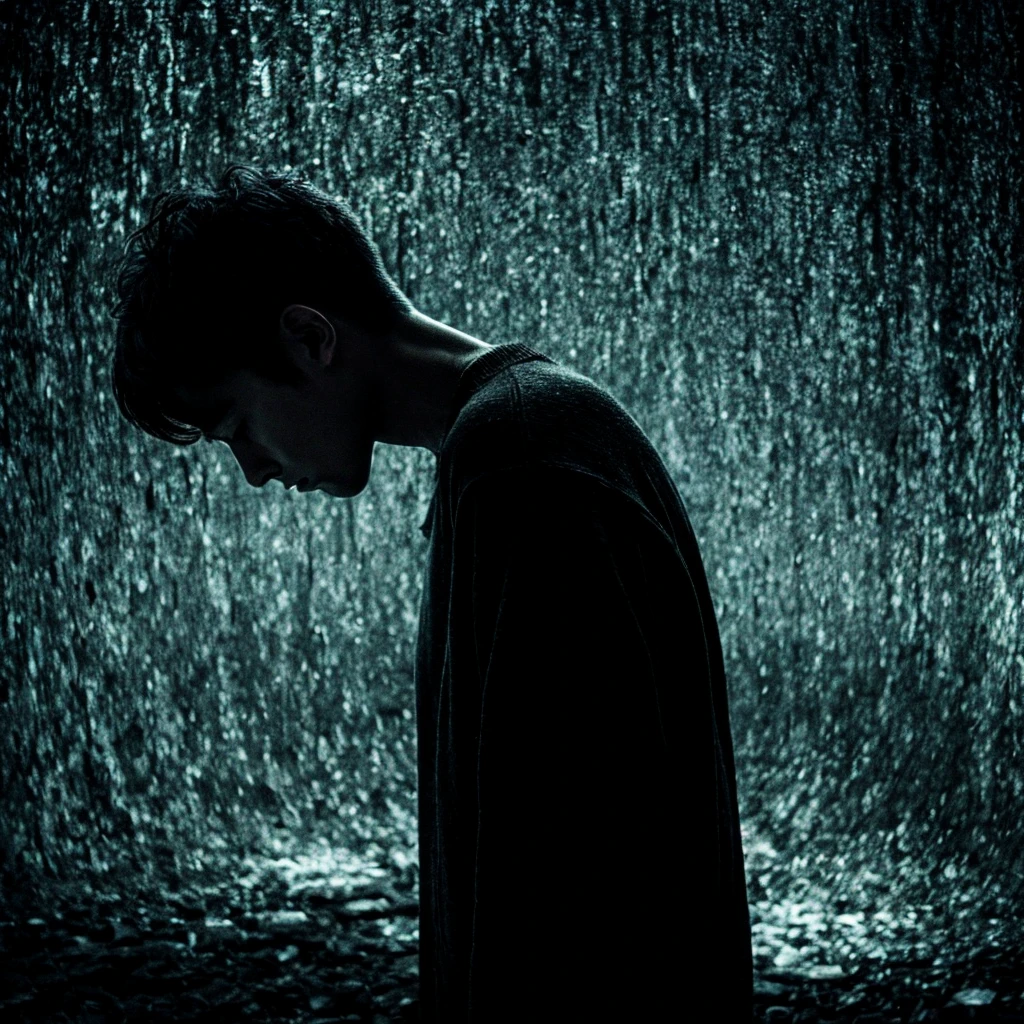 The image of darkness and loneliness is strong.。The artwork features a figure standing in deep despair.。The background is dark and eerie、It expresses loneliness and suffering.。The person has cold eyes.、I tried to convey his emotional pain and inner darkness well.。 High resolution, masterpiece, highest quality, Intricate details, Very detailed, Clear focus, Delicate skin, practical skin texture, texture, Delicate eyes, Professional, 4K, Shot with Canon, 85mm, Shallow and deep,  Kodak Vision Color, Exactly, Very detailed, photograph_\(Extremist\), photographpractical, practical, Post-processing, Maximum details, Roughness, Real Life, Extremist practical, Photorealism, photographgraphy, 8K Ultra HD, photographgraphy