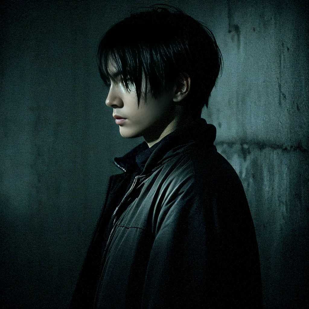 The image of darkness and loneliness is strong.。The artwork features a figure standing in deep despair.。The background is dark and eerie、It expresses loneliness and suffering.。The person has cold eyes.、I tried to convey his emotional pain and inner darkness well.。 High resolution, masterpiece, highest quality, Intricate details, Very detailed, Clear focus, Delicate skin, practical skin texture, texture, Delicate eyes, Professional, 4K, Shot with Canon, 85mm, Shallow and deep, Kodak Vision Color, Exactly, Very detailed, photograph_\(Extremist\), photographpractical, practical, Post-processing, Maximum details, Roughness, Real Life, Extremist practical, Photorealism, photographgraphy, 8K Ultra HD, photographgraphy