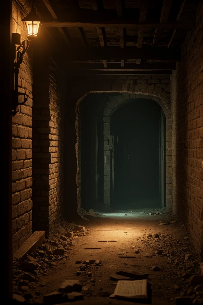 A bible illuminating the darkness at the bottom of a basement , cinematic scene , 4K