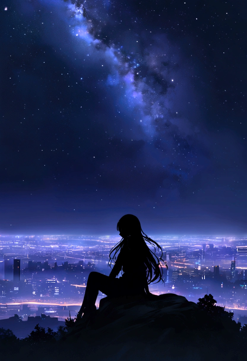 Octane, null, star (null), scenery, starry null, night, One girl, night null, alone, Outdoor, building, cloud, milky way, Sitting, wood, Long Hair, city, silhouette, cityscape