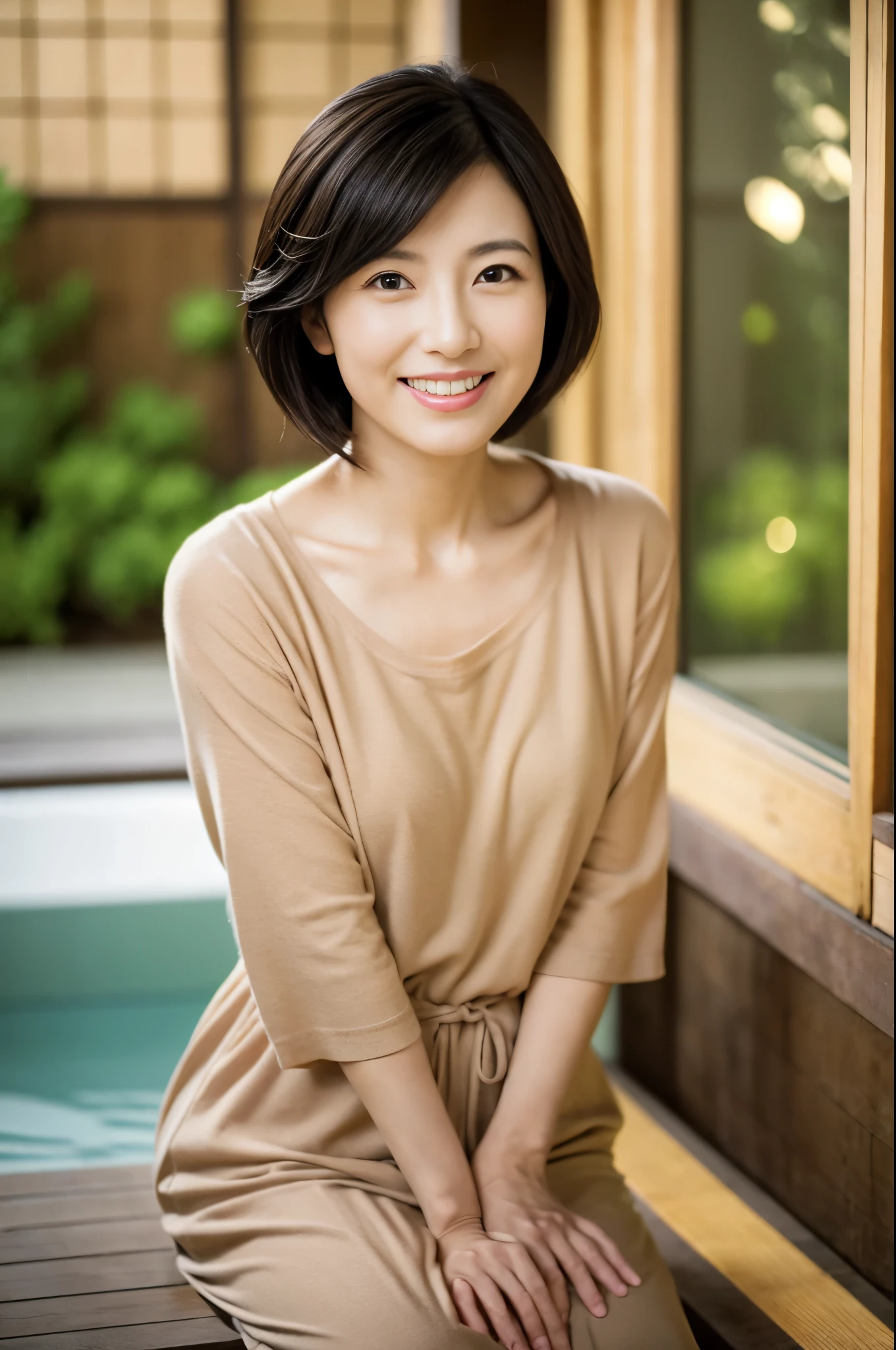 nude、8k、high quality、Realistic Photographic Images、43 years old、Japanese women、A worthy wife、、housewife、Natural and realistic eyes、Japanese Stand、Beautiful black hair、short hair、light makeup、Octane Rendering、Beautiful lighting、Golden ratio composition、Laughter、Casual wear、Casual clothing、Natural background、Blurred Background、High resolution、Pure Japanese humanity、Beautiful wife、Upper Body、light makeup、No makeup、Pure beauty、Private Server、gray、beige、green、Plain、Casual clothing、smile、Small black eyes、Background Blur、Ryokan with an open-air bath