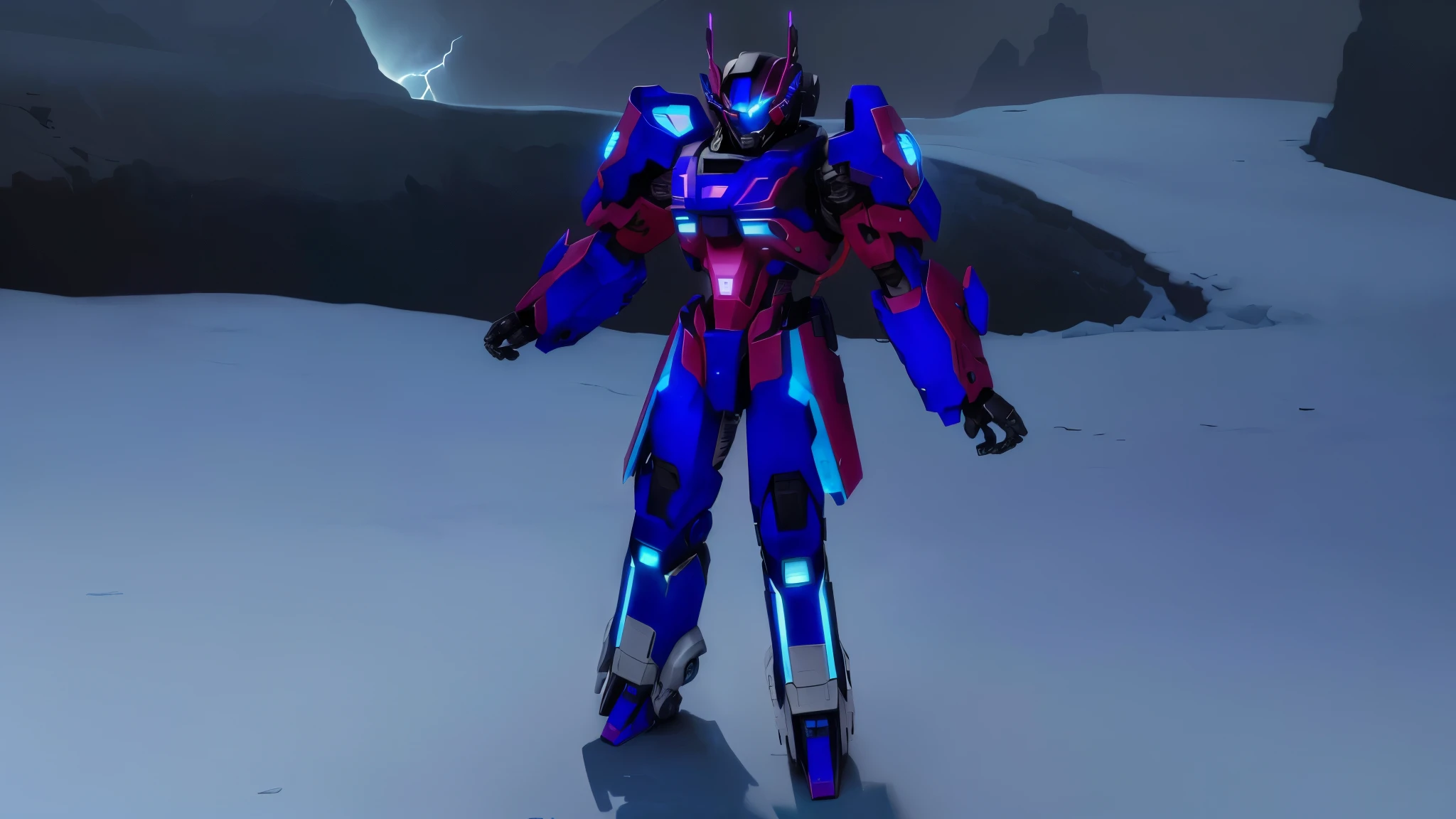 a blue colored female transformer with purple inserts, symmetrically arranged purple parts, on the back - hellicopter wings, arms from elbows to hands look like the front part of a helicopter, on the legs from knees to the ankle there are helicopter's repulsors and small heicopter's tail wings, no helmet, light blue eyes, two legs, two arms, not a suit, on a background there is an snowy dark blue metal desert, no buildings, no structures, dark blue storm clouds, light blue lightning from the clouds, blue river, river to the horizon, electrified river, light blue lightning from the river, space sky, stars in the sky, composition on the metal planet, big metalic planet, dark-blue metal, shiny metal, cybertron, mechanical planet, empty wasteland, dark blue storm clouds, light blue lightning from clouds, blue river, river to horizon, electrized river, light blue lightning from river, space sky, stars on the sky, realistic, watercolor, 4k, high quality, hight attention to details, concept art, concept art by Chris Mowry.