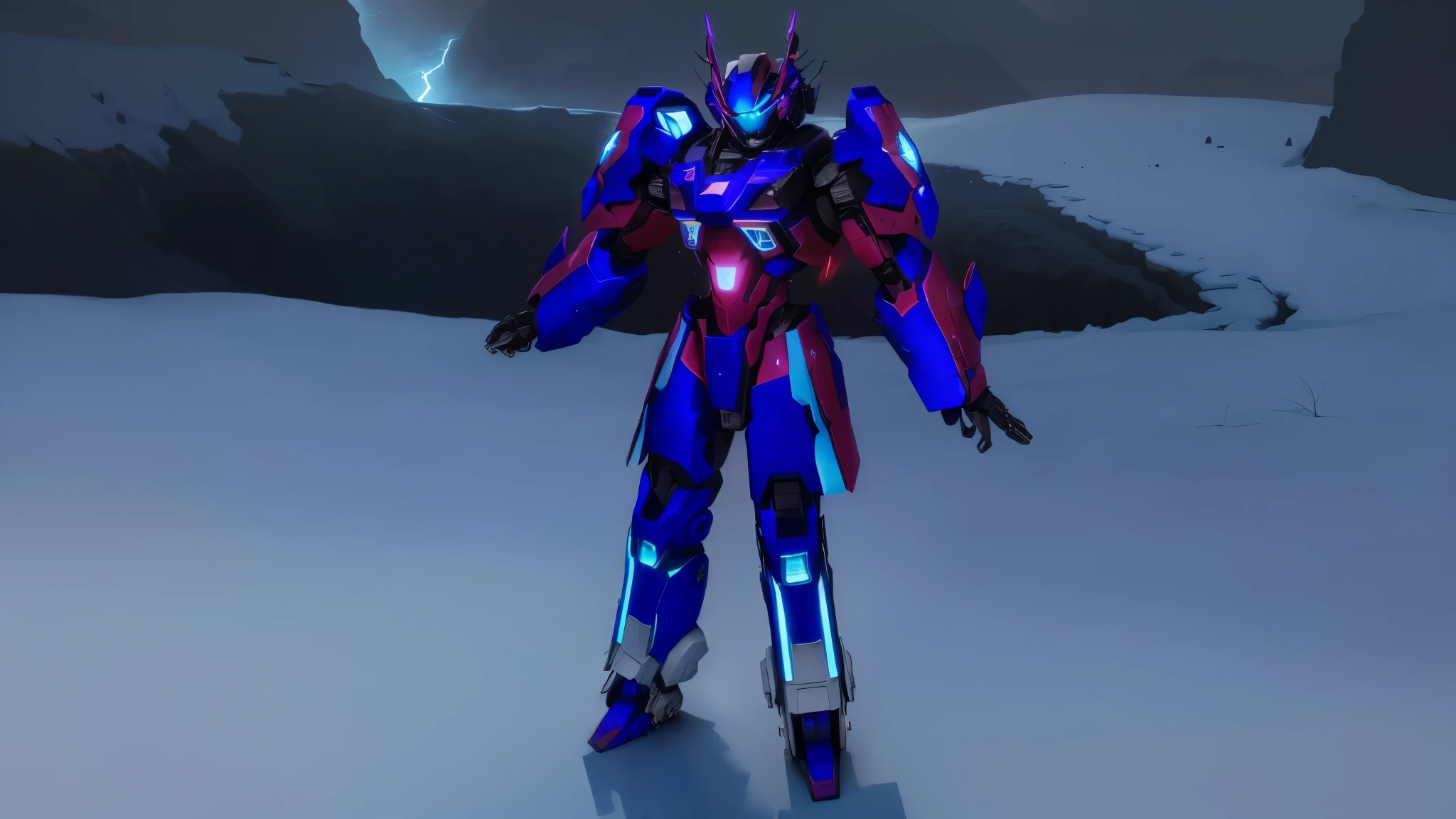 a blue colored female transformer with purple inserts, symmetrically arranged purple parts, on the back - hellicopter wings, arms from elbows to hands look like the front part of a helicopter, on the legs from knees to the ankle there are helicopter's repulsors and small heicopter's tail wings, no helmet, light blue eyes, two legs, two arms, not a suit, on a background there is an snowy dark blue metal desert, no buildings, no structures, dark blue storm clouds, light blue lightning from the clouds, blue river, river to the horizon, electrified river, light blue lightning from the river, space sky, stars in the sky, composition on the metal planet, big metalic planet, dark-blue metal, shiny metal, cybertron, mechanical planet, empty wasteland, dark blue storm clouds, light blue lightning from clouds, blue river, river to horizon, electrized river, light blue lightning from river, space sky, stars on the sky, realistic, watercolor, 4k, high quality, hight attention to details, concept art, concept art by Chris Mowry.