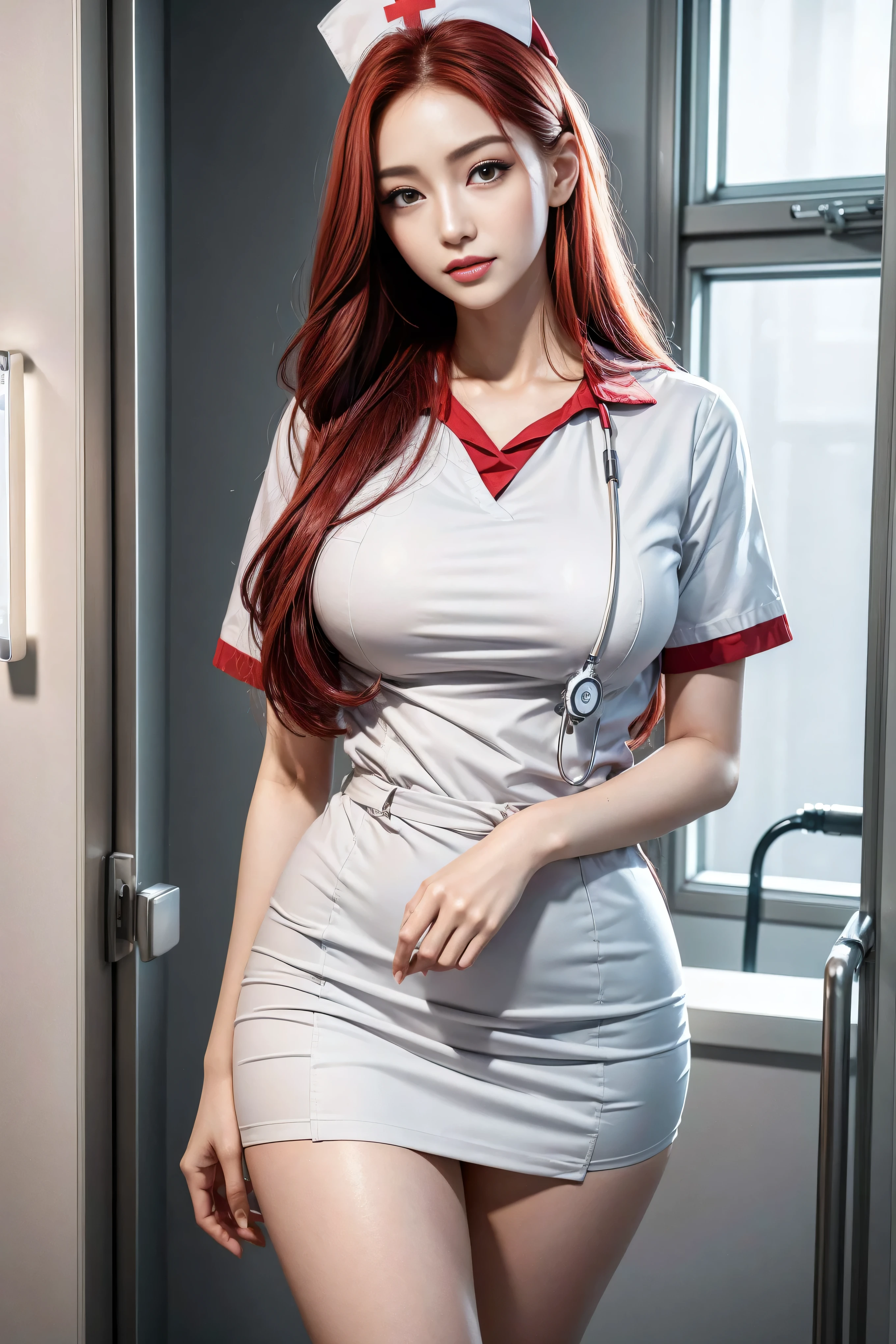 (2 Ultimate Beauty Nurse)、((Realistic lighting, best quality, 8K, masterpiece:1.3)), Lock focus:1.2, Beautiful Women in Perfect Shape:1.4, : Beautiful korean girl, Korean pop idol,Leg length,(Pale skin), (big eyes),(Smile:0.8),(plump sexy lips), complex and detailed face, ((Super delicate skin)),Delicate face,Super thin face,Narrow your eyes,Double eyelids,((Crimson hair)),(Nurse:1.3),(nurse hat:1.3),background: (hospital ward:1.2),,Large depth of field,Super thin face,Narrow your eyes,Double eyelids,(Start from below:1.manner,(Medium bust:1.2),Sexy long legs, (Thigh gap:1.5),Wide hips,S-Shaped Body, Hip lift,Leg length,Full body proportions from the front,