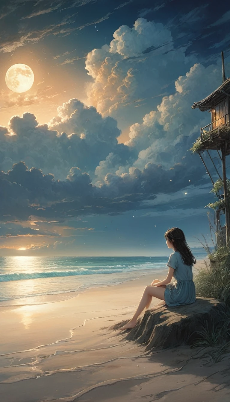(A masterpiece of the highest quality:1.2)、A super detailed illustration，Perfectly shows the girl in the doomsday beach scenery。In the silence of the night、There is an atmosphere that is both sad and hopeful.。 that girl sits on the soft vegetation of the sandy beach、A figure can be seen in the cloudy sky。that girl&#39;Unspecified clothing.、Her figure、it&#39;Such exquisite rendering，So that every crease and texture is clearly visible.。Her hair fluttered in the wind、Low light in HDR landscapes,Beautiful nipples that are slightly visible through the skin,No underwear underneath the clothes,The butt is very small and flat,The waist is very thin,Small breasts,chest almost flat,Correct hand joint,Correct leg joint,Asahi,sunrise,Morning Glow,A beautiful girl of unparalleled beauty,