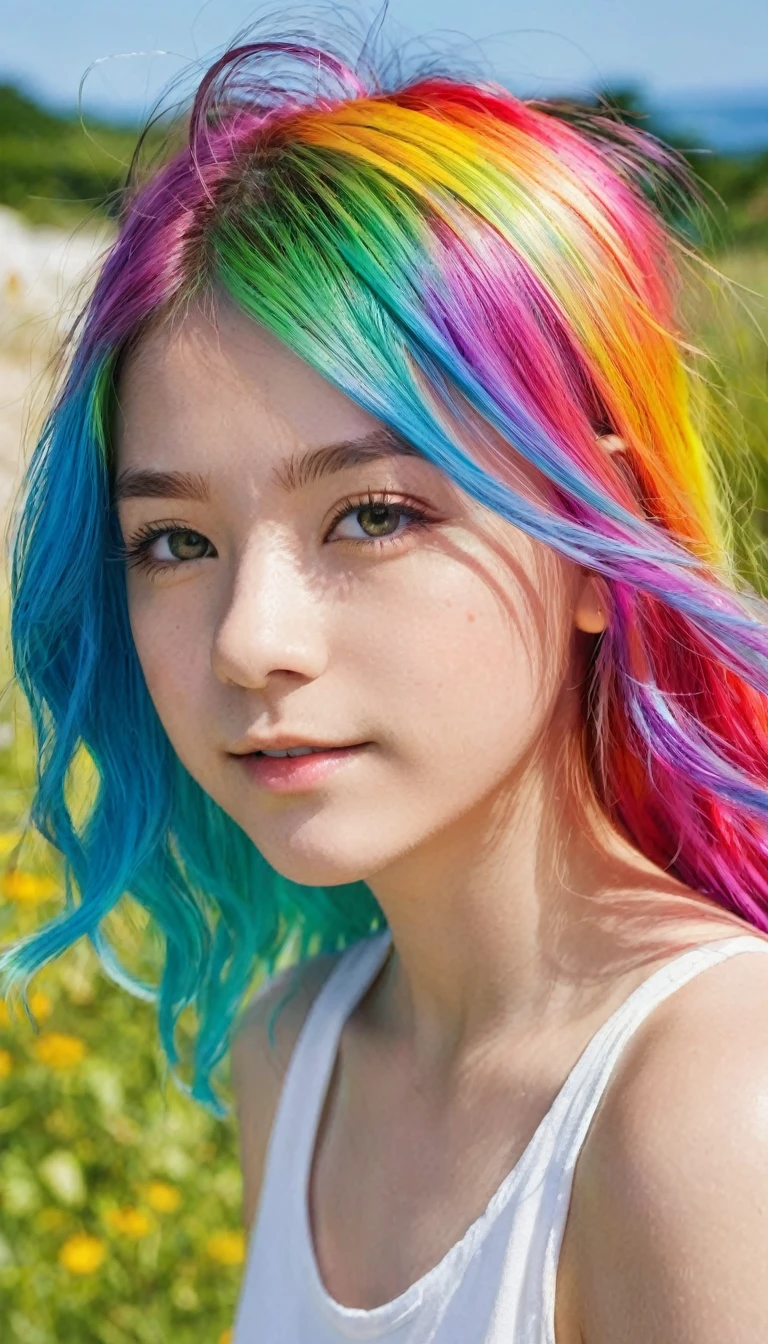 The brightness of a sunny summer day々Under the clear sky、A stunning portrait of a **************** with rainbow-colored hair that&#39;s a mix of blue and pink.、The breathtaking views unfold。Half blue and half pink々in、A girl with colorful, flowing hair、魅惑的な笑顔in立っています。Long curls cascading down in golden waves、Frames vibrant sky blue eyes。Red and black repair dress 1.Wearing a voluminous 2-meter skirt、優雅さin観客を魅了します。ドレスはあちこちin破れており、It is becoming clear