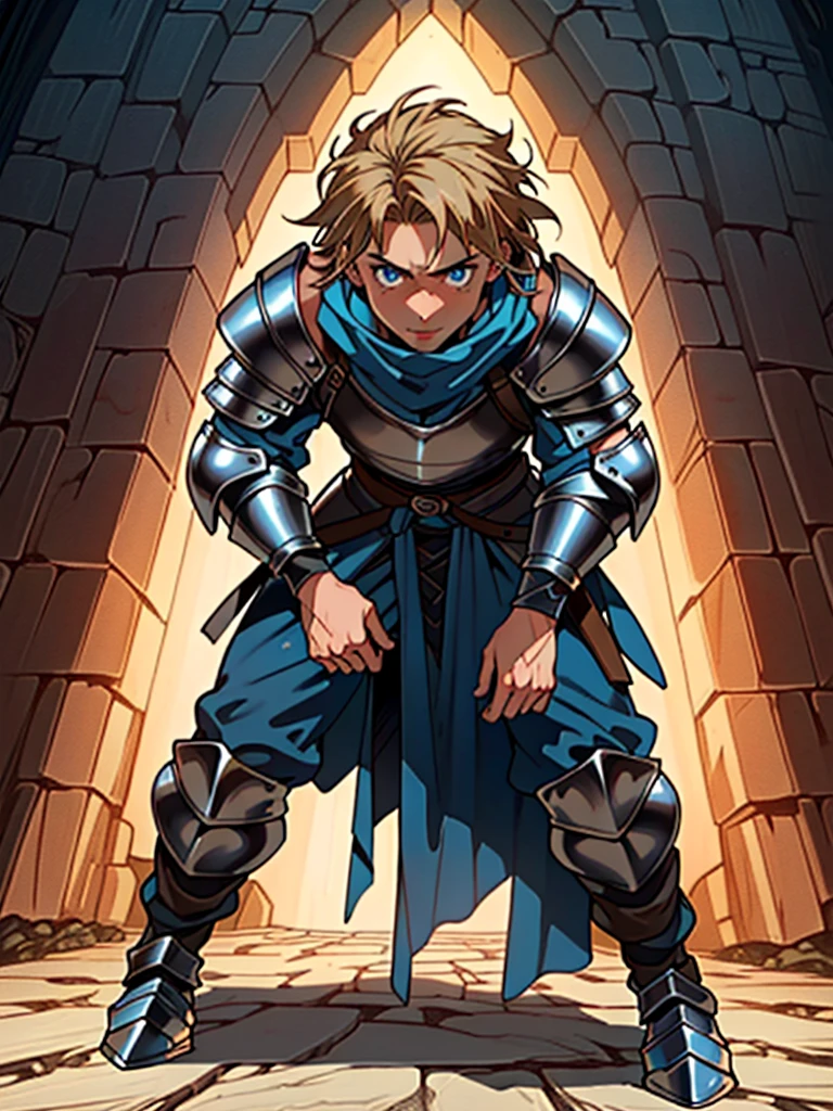 1man, (male), (medieval rogue:1.6), rouge, (armor plates on torso:1.2), no armor on hands, medieval clothes, (full body:1.5), ((glowy blue eyes)), ((dark blonde hair)), (masterpiece, ccurate, anatomically correct, textured skin, super detail, high details, high quality, best quality, highres, 4K), character design, (UHD, 8K, award winning, high quality, masterpiece, ccurate), (((cinematic light))), ((medieval theme)), ((do not go beyond the edges of the image:1.8)), (((detailed background))), (((rating:safe)))