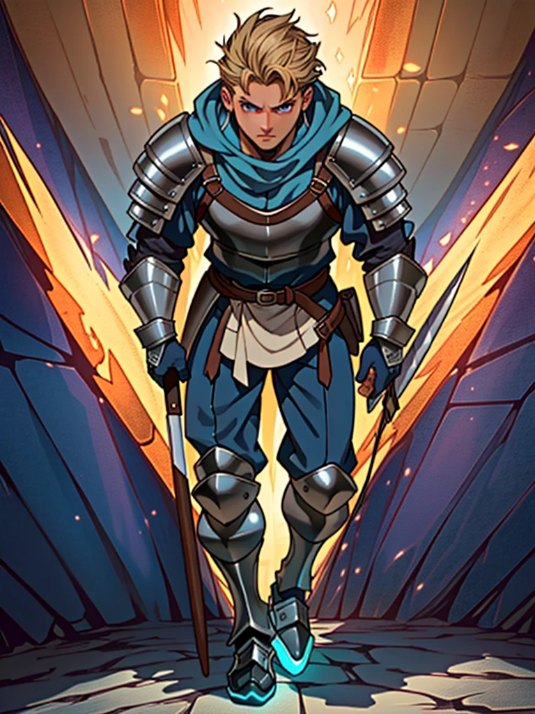1man, (male), (medieval rogue:1.6), rouge, (armor plates on torso:1.2), no armor on hands, medieval clothes, (full body:1.5), ((glowy blue eyes)), ((dark blonde hair)), (masterpiece, ccurate, anatomically correct, textured skin, super detail, high details, high quality, best quality, highres, 4K), character design, (UHD, 8K, award winning, high quality, masterpiece, ccurate), (((cinematic light))), ((medieval theme)), ((do not go beyond the edges of the image:1.8)), (((detailed background))), (((rating:safe)))