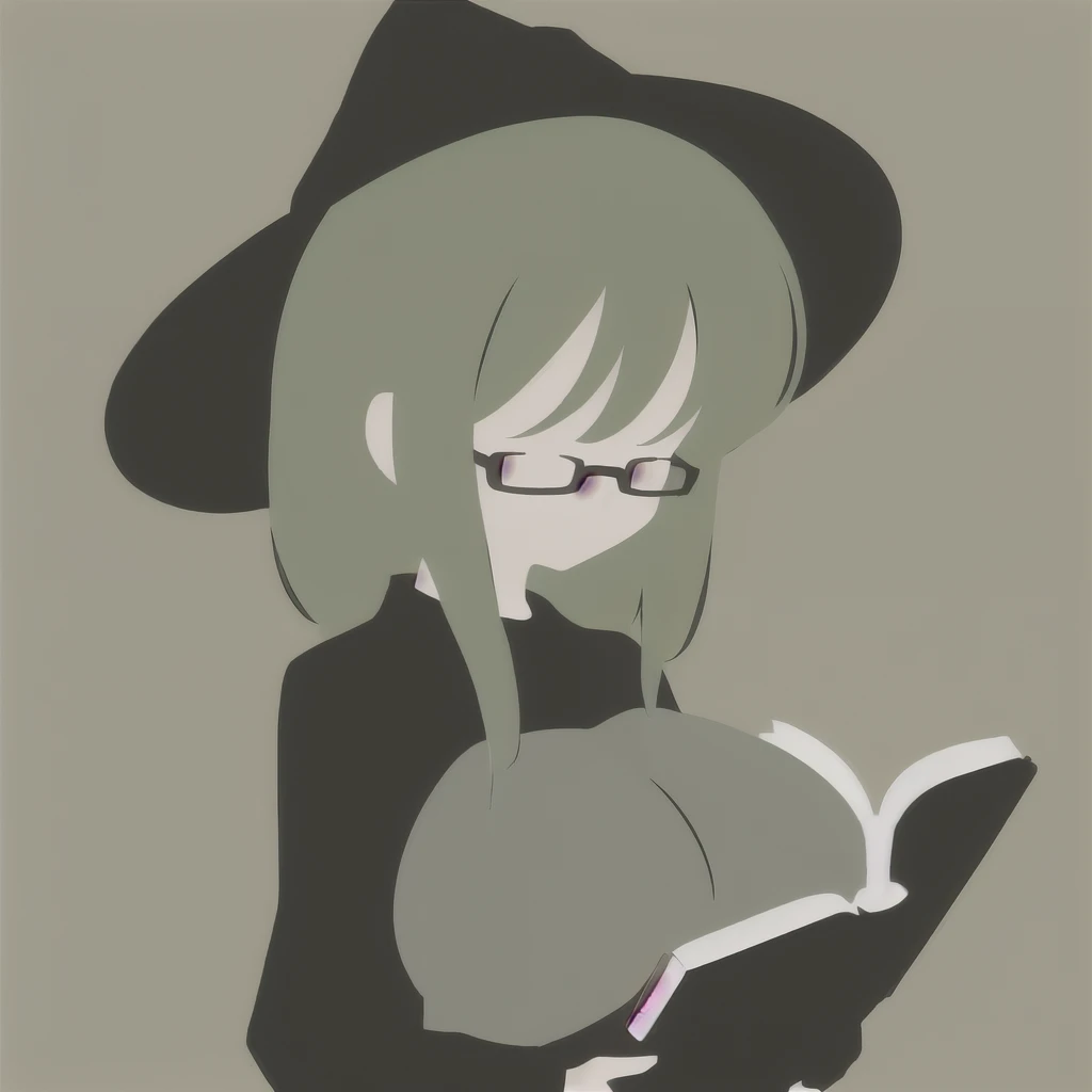 Anime Minimalist, One Girl, alone,Green Hair, Brown background, hair ornaments, librarian,Glasses,Have,Witch Hat,(Turned to the side:1.5),(Reading a book:1.3),(Big Breasts.1.7),(Huge breasts:1.1)