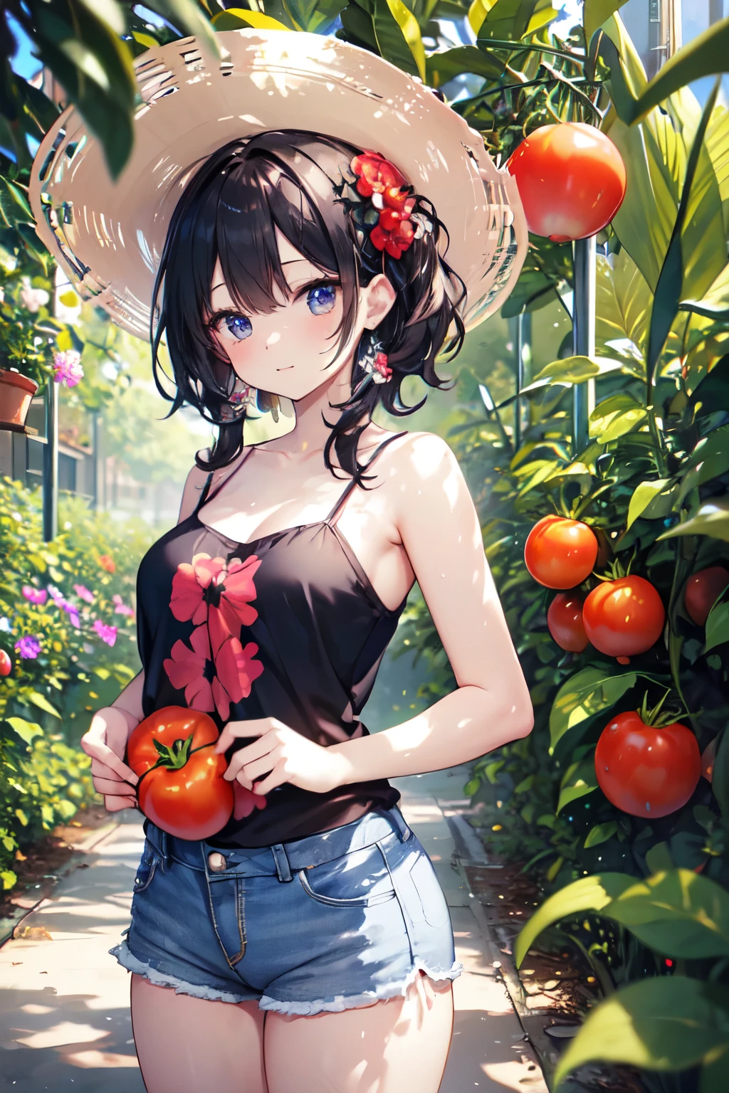 Absurd, Ultra-detailed,Bright colors,(8K:1.3),Masseter muscle area,Very beautifully detailed face and eyes, Age 25, Masseter muscle area、camisole、Shorts、Anthropomorphism of tomatoes,Medium chest、Red skin、Summer Morning、Ghibli,Tomato plantation