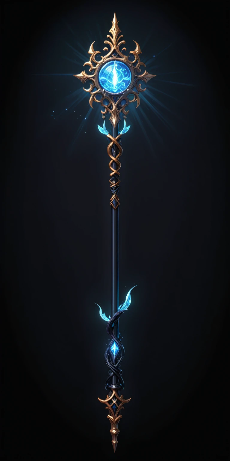 pixel art, cartoon illustration, Divine glavie greatstaff, Powerfull Magical theme, simple black background, RPG game icon