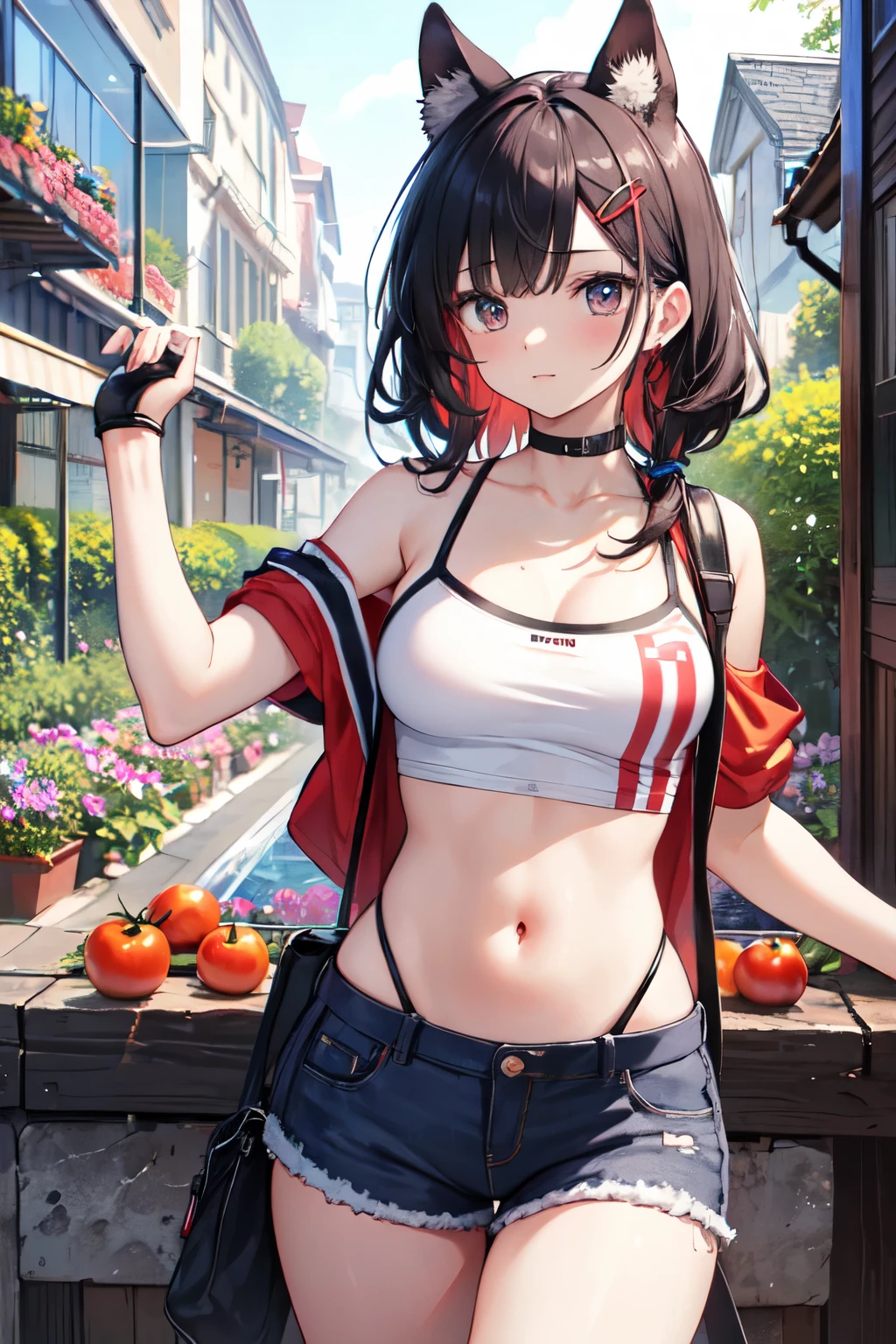 Absurd, Super detailed,Bright colors,(8k:1.3),Masseter region,Beautifully detailed face and eyes, Age 25, Masseter region、camisole、Shorts、Anthropomorphism of tomatoes,Mid-chest、Red skin、Summer Morning、Ghibli,Tomato plantation