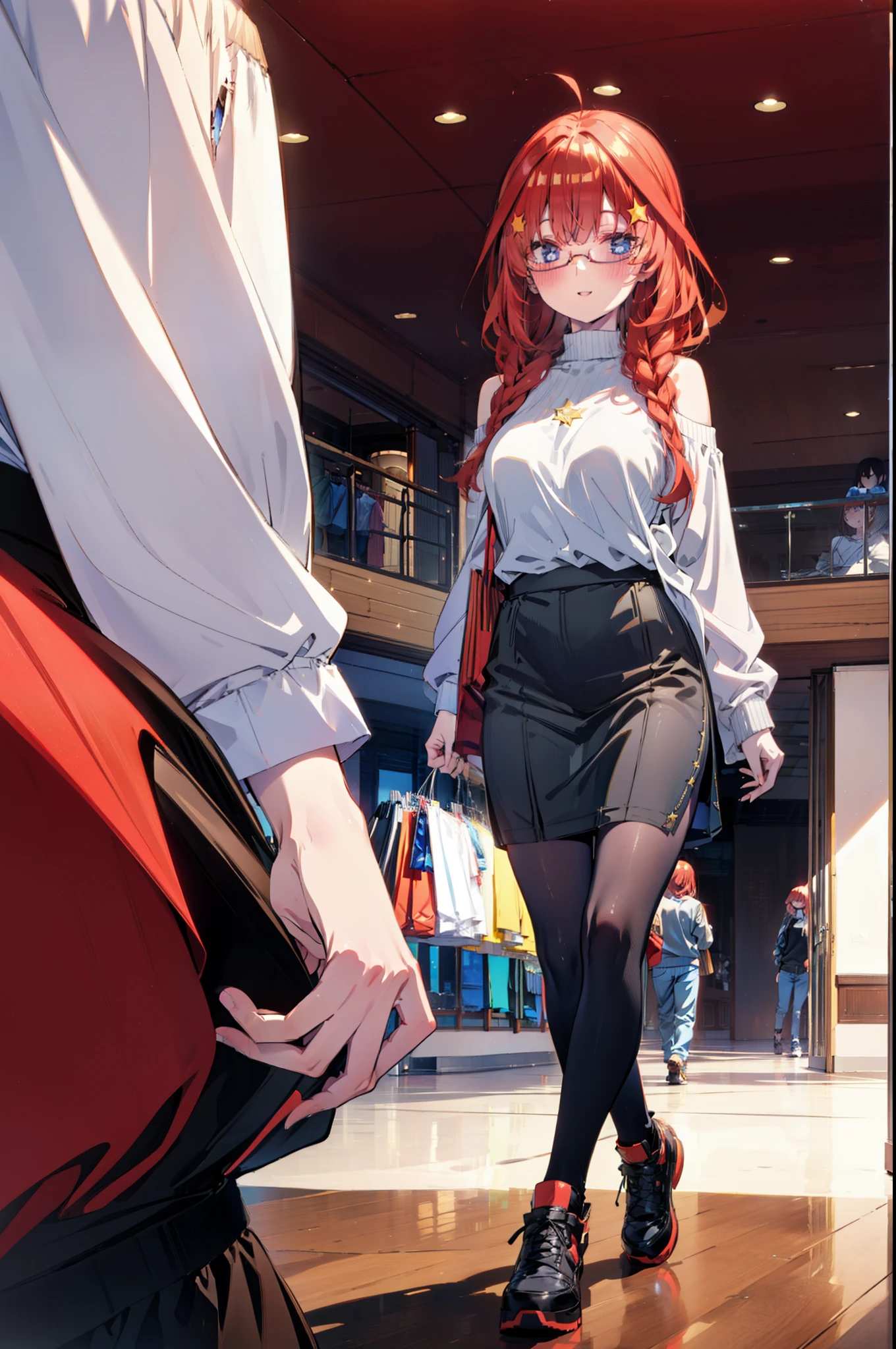 itsukinakano, Itsuki Nakano, bangs, blue eyes, Hair between the eyes, Ahoge, Redhead, star \(symbol\), hair ornaments, star hair ornaments,happy smile, smile, Open your mouth,blush,Akabuchi Glasses,Big Breasts,Long braids,One-shoulder sweater,Long skirt,Black pantyhose,short boots,Daytime,walking,whole bodyがイラストに入るように,crowd, people々々,
break indoors, Shopping mall,
break looking at viewer, whole body,
break (masterpiece:1.2), highest quality, High resolution, unity 8k wallpaper, (figure:0.8), (Beautiful fine details:1.6), Highly detailed face, Perfect lighting, Highly detailed CG, (Perfect hands, Perfect Anatomy),