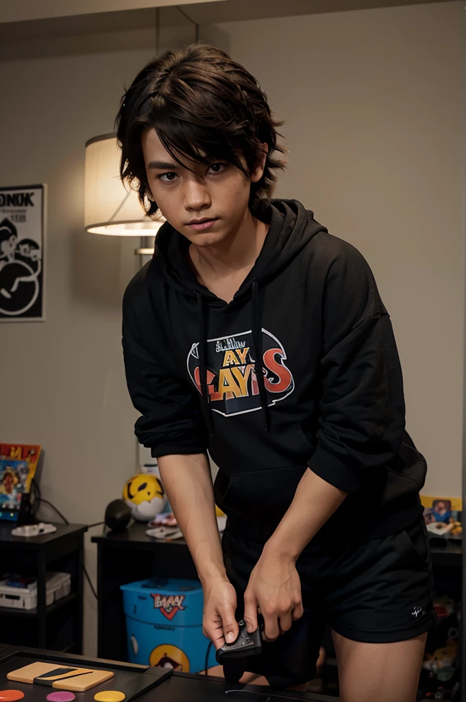 Disney Pixar poster says anime boy
messy hair wearing a black hoodie, black shorts, playing games in the room