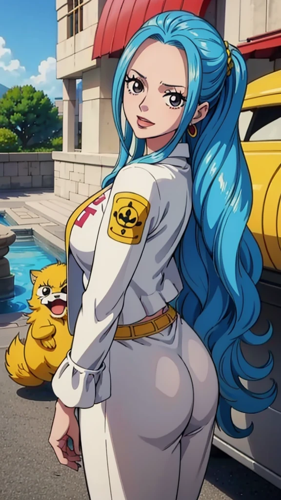 Crie uma imagem full body em estilo anime de Nefertari Vivi do anime One Piece. Ela possui cabelos longos e azuis com franja estilo Hime, olhos azuis, e um sorriso encantador. She is wearing a white leather jacket over a white loose-fitting shirt and sweatpants.. (corpo bonito:1.3) Vivi has bright red lips and a perfect anime face, com detalhes realistas e ultra detalhados. O fundo deve ser uma cidade, destacando-a como a melhor garota de anime (rosto bonito:1.3)