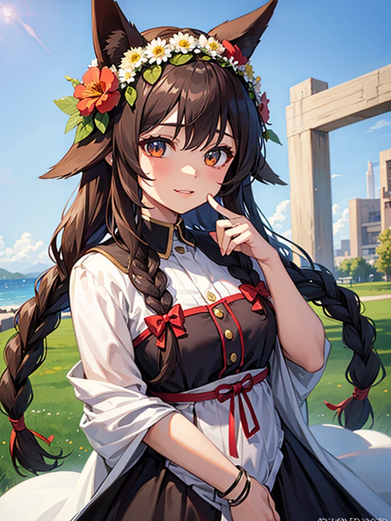 1girl, solo, long hair, looking at viewer, smile, bangs, brown hair, hair ornament, holding, animal ears, brown eyes, upper body, braid, flower, hair flower, rabbit ears, twin braids, lips, animal, watermark, rabbit, head wreath, holding animal, wreath