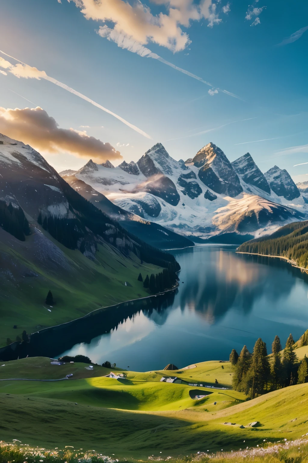 a lush, verdant meadow, rolling hills, a tranquil lake, fluffy white clouds in a bright blue sky, towering snow-capped mountains in the distance, a majestic golden sun, warm natural lighting, serene atmosphere, (best quality,4k,8k,highres,masterpiece:1.2),ultra-detailed,(realistic,photorealistic,photo-realistic:1.37),landscape, cinematic composition, dramatic lighting, muted color palette, vibrant colors, stunning vistas