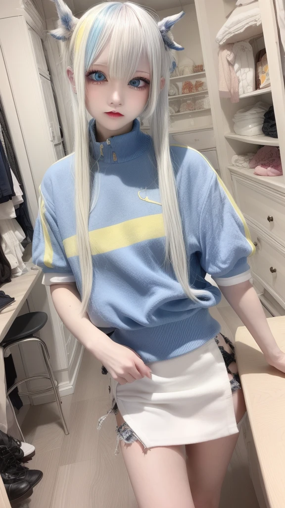 masterpiece, best quality, highly detailed,1girl,indoors, adult, split-color hair, yellow and Blue hair, Narrow, sharp eyes、, clothes, blue eyes、From head to toe、mini skirt、