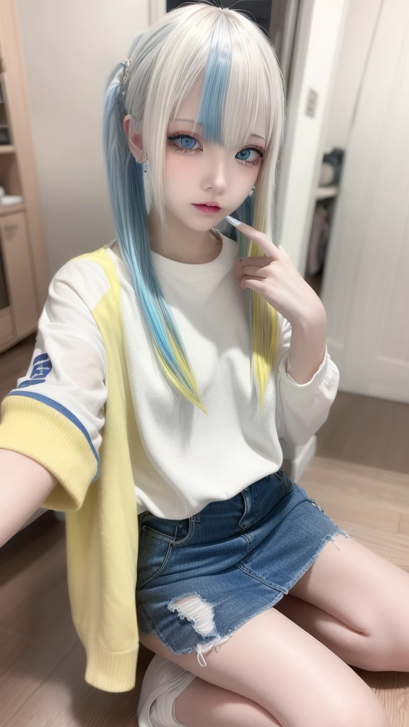 masterpiece, best quality, highly detailed,1girl,indoors, adult, split-color hair, yellow　and　Blue hair, Narrow, sharp eyes、, clothes, blue eyes、From head to toe、mini skirt、