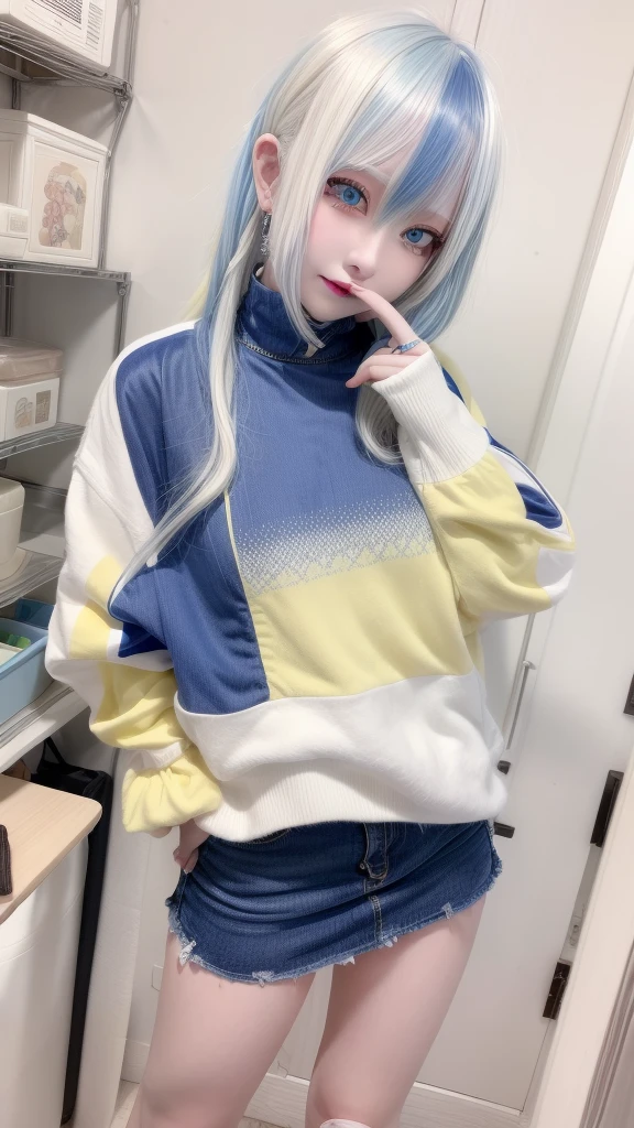 masterpiece, best quality, highly detailed,1girl,indoors, adult, split-color hair, yellow　and　Blue hair, Narrow, sharp eyes、, clothes, blue eyes、From head to toe、mini skirt、