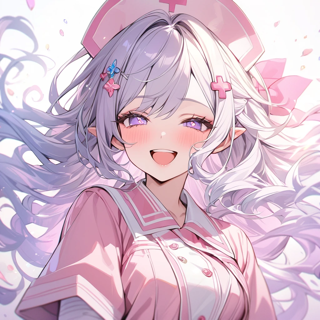 beautiful a girl wearing a pink nurse uniform and a pink nurse cap,, (highest quality,masterpiece,16K or 8K,Super detailed,gradient glitter ),(Upper body、front), background Colorful heart,  beautiful, masterpiece, highest quality、gradient hair, light blue hair, floating hair, wavy hair,fluffy hair、 Hair in the wind, pastel wreath on head,Hairpins, heart-shaped hairpins with a red cross inside, Lavender colored eyes, long eyelashes, beautiful eyes、pointed ears, light smile, bright pupils, (a girl closes her eyes and opens her mouth and smiles happily.),digital illustration, highest quality,High resolution,  romantic academia, romantic atmosphere, fantasy, white background, happy, laughing,A girl is pointing a flamethrower at me,