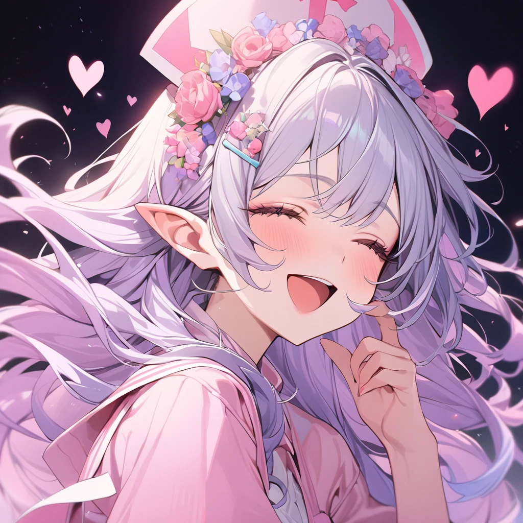 beautiful a girl wearing a pink nurse uniform and a pink nurse cap,, (highest quality,masterpiece,16K or 8K,Super detailed,gradient glitter ),(Upper body、front), background Colorful heart, beautiful, masterpiece, highest quality、gradient hair, light blue hair, floating hair, wavy hair,fluffy hair、 Hair in the wind, pastel wreath on head,Hairpins, heart-shaped hairpins with a red cross inside, Lavender colored eyes, long eyelashes, beautiful eyes、pointed ears, light smile, bright pupils, (a girl closes her eyes and opens her mouth and smiles happily.),digital illustration, highest quality,High resolution, romantic academia, romantic atmosphere, fantasy, white background, happy, laughing,A girl is pointing a flamethrower at me,