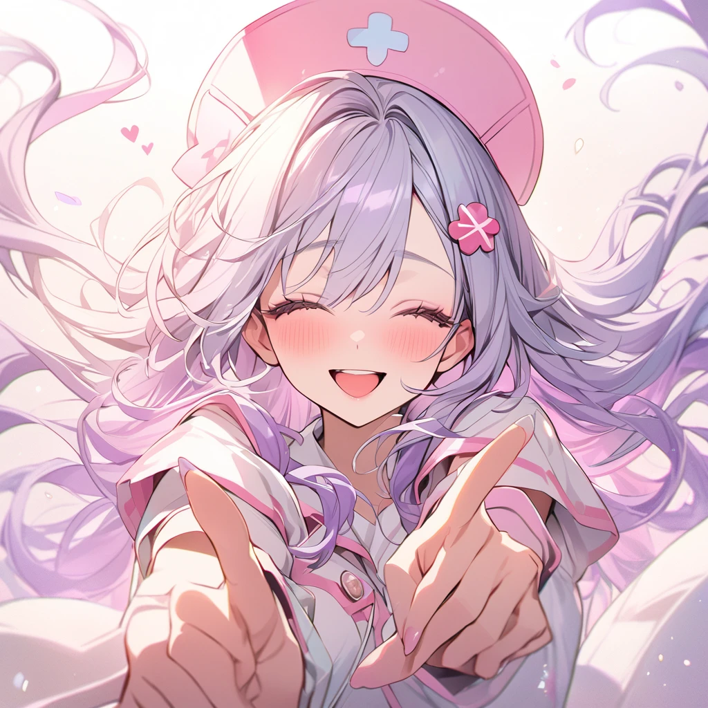 beautiful a girl wearing a pink nurse uniform and a pink nurse cap,, (highest quality,masterpiece,16K or 8K,Super detailed,gradient glitter ),(Upper body、front), background Colorful heart, beautiful, masterpiece, highest quality、gradient hair, light blue hair, floating hair, wavy hair,fluffy hair、 Hair in the wind, pastel wreath on head,Hairpins, heart-shaped hairpins with a red cross inside, Lavender colored eyes, long eyelashes, beautiful eyes、pointed ears, light smile, bright pupils, (a girl closes her eyes and opens her mouth and smiles happily.),digital illustration, highest quality,High resolution, romantic academia, romantic atmosphere, fantasy, white background, happy, laughing,A girl is pointing a flamethrower at me,