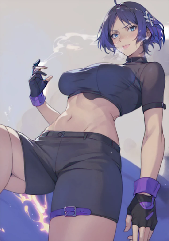 MC, ahoge, (long hari, purple hair:1.3), hair ornament, dark-blue eyes, anatomically correct, heavy breathing, mature female, anime girl with black outfit posing in front of a lightning, character from king of fighters, female protagonist 👀 :8, badass pose, badass anime 8 k, motoko kusanagi, detailed fanart, highly detailed exquisite fanart, thicc, commission for high res, anime moe artstyle, ilya kuvshinov. 4 k, anime style characterm, hollow eyes, bright pupils, dark-blue eyes, looking at viewer. glowing eyes heavy breathing, seductive smile, (steaming face:1.3), blush face, lips,