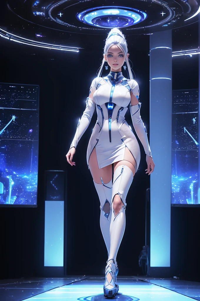 (Future World Fashion Show: 1.5),(Future sci-fi beauty model catwalk: 1.5), Smiling female model,Elegant and dignified posture,Wearing a crystal dress,Silver fluorescence,Starry sky pattern,The secrets of the universe,Future distribution,Silvery white glow,Soft touch,Silver-blue eye makeup,Cosmic Starlight,virtual future runway,(Sci-fi Fashion Fashion Show: 1.5),(Huge high-tech catwalk: 1.5),(There was only one female model at the catwalk),Realistic images,8K, Ultra high quality, masterpiece, precise, Textured Skin, High Detail, best quality, Awards,((Long-range shooting,Sense of distance,Full body image))