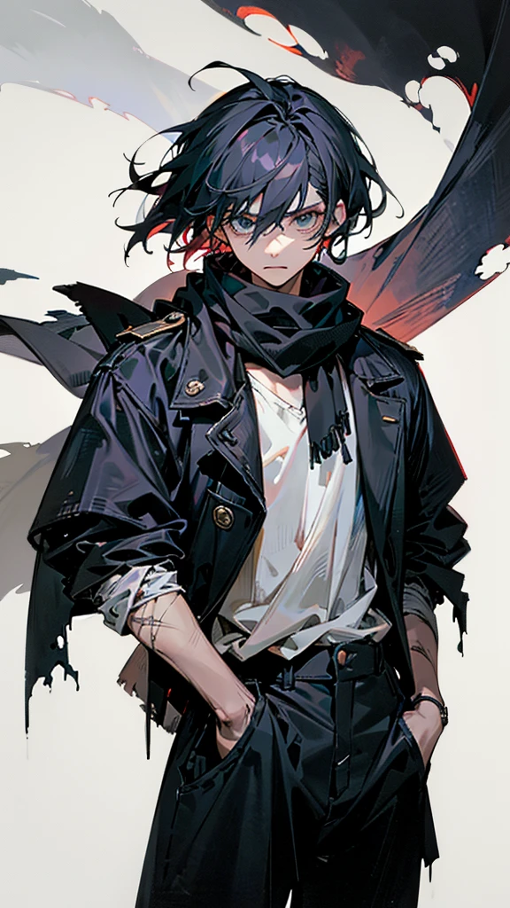 **Hair**: Black
- **Scarf**: Ragged, worn around the neck, possibly torn at the edges
- **Clothing**:
- **Top**: Black and white jacket over a black and white shirt
- **Bottom**: Black pants
- **Distinguishing Feature**: A prominent scar on the face